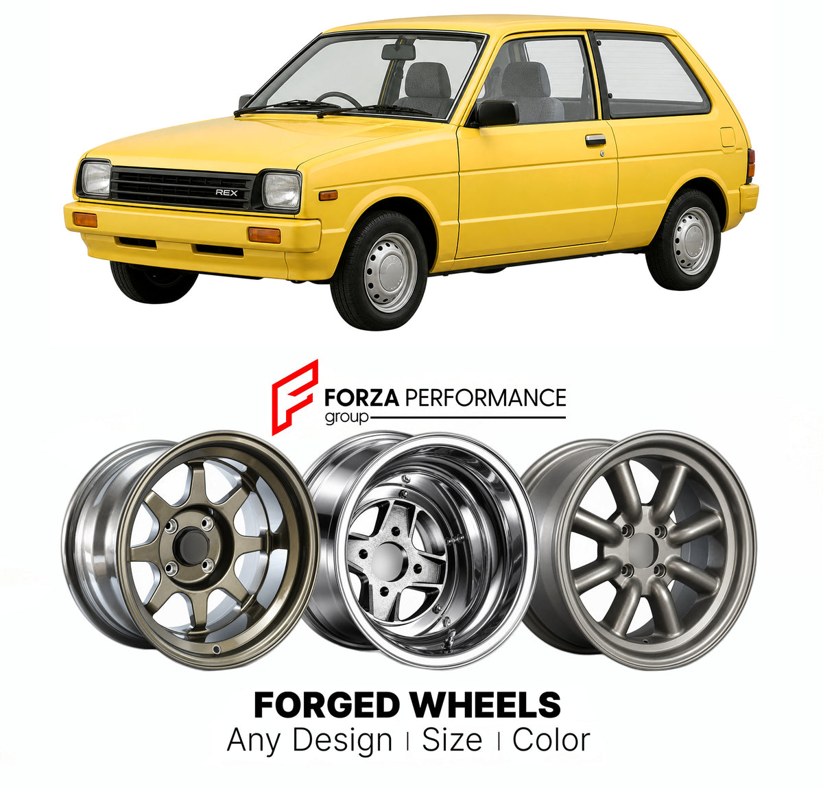CUSTOM CLASSIC VINTAGE RESTOMOD RETRO OLD SCHOOL FORGED WHEELS RIMS for SUBARU REX KM KN 1981 - 1986

Custom forged wheels for Subaru Rex KM KN 1981 - 1986. Classic, vintage, restomod and retro JDM wheel designs made to order in custom sizes, offsets, colors and finishes with guaranteed fitment.

We manufacture premium quality forged wheels rims for Subaru Rex KM KN 1981 - 1986 in any design, size, color.

JDM WHEEL DESIGNS: our Japanese collection for hatchbacks, kei cars and MPVs includes designs inspired