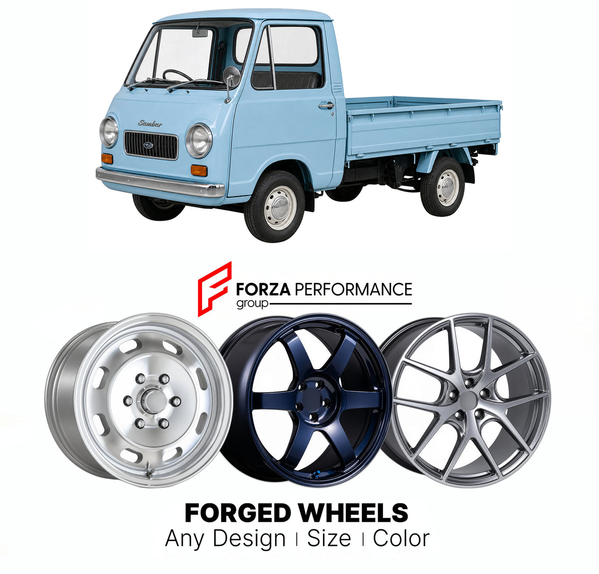 CUSTOM CLASSIC VINTAGE RESTOMOD RETRO OLD SCHOOL FORGED WHEELS RIMS for SUBARU SAMBAR K153 K163 K183 K221 1961 - 1973

Custom forged wheels for Subaru Sambar K153 K163 K183 K221 1961 - 1973. Classic, vintage, restomod and retro JDM wheel designs made to order in custom sizes, offsets, colors and finishes with guaranteed fitment.

We manufacture premium quality forged wheels rims for Subaru Sambar K153 K163 K183 K221 1961 - 1973 in any design, size, color.

JDM WHEEL DESIGNS: our Japanese collection for hatc