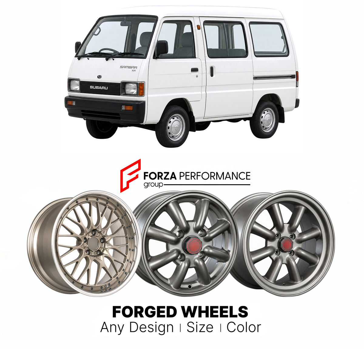 CUSTOM CLASSIC VINTAGE RESTOMOD RETRO OLD SCHOOL FORGED WHEELS RIMS for SUBARU SAMBAR KR KT 1982 - 1990

Custom forged wheels for Subaru Sambar KR KT 1982 - 1990. Classic, vintage, restomod and retro JDM wheel designs made to order in custom sizes, offsets, colors and finishes with guaranteed fitment.

We manufacture premium quality forged wheels rims for Subaru Sambar KR KT 1982 - 1990 in any design, size, color.

JDM WHEEL DESIGNS: our Japanese collection for hatchbacks, kei cars and MPVs includes designs