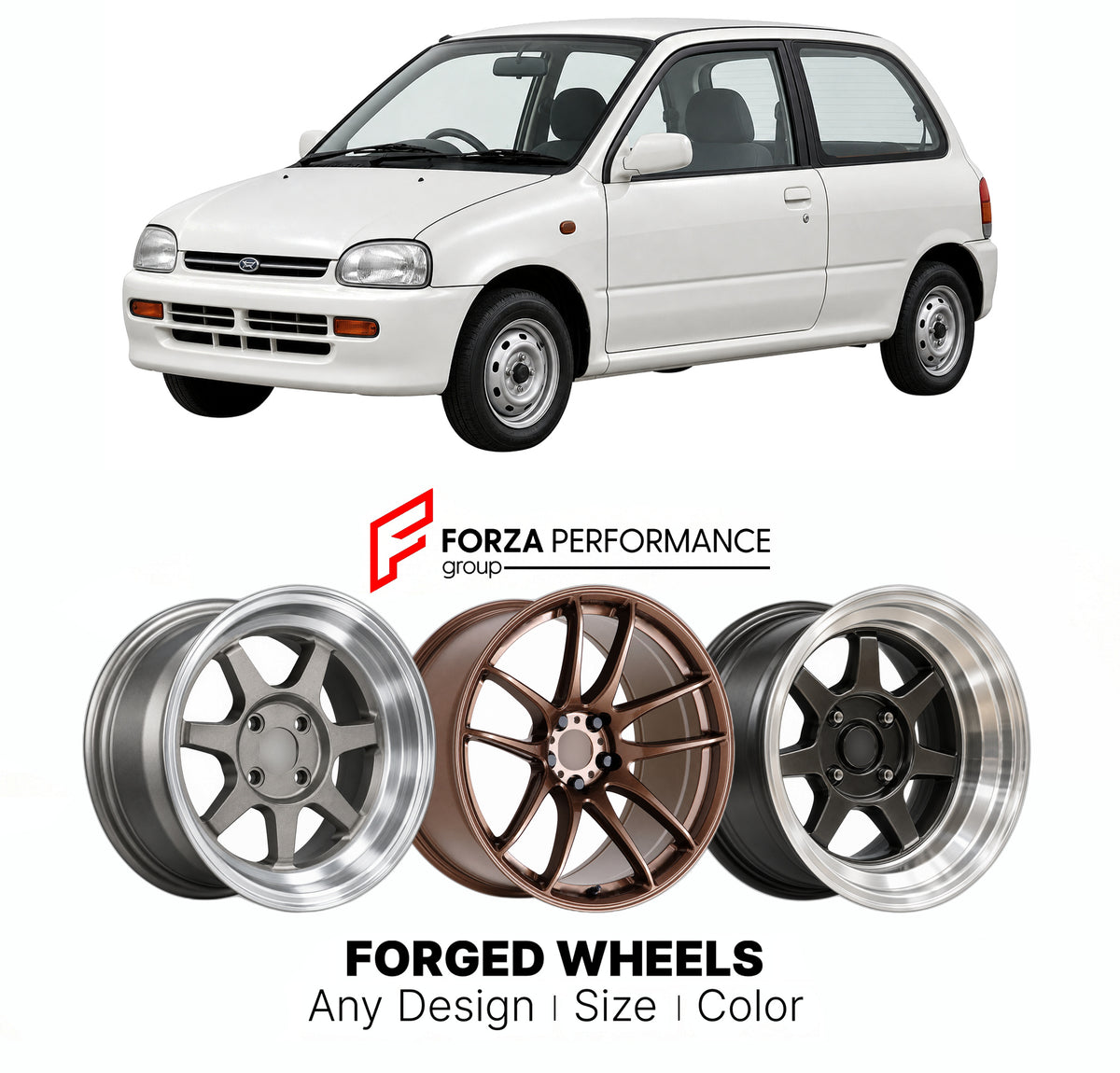 CUSTOM CLASSIC VINTAGE RESTOMOD RETRO OLD SCHOOL FORGED WHEELS RIMS for SUBARU VIVIO KK KY KW 1992 - 1998

Custom forged wheels for Subaru Vivio KK KY KW 1992 - 1998. Classic, vintage, restomod and retro JDM wheel designs made to order in custom sizes, offsets, colors and finishes with guaranteed fitment.

We manufacture premium quality forged wheels rims for Subaru Vivio KK KY KW 1992 - 1998 in any design, size, color.

JDM WHEEL DESIGNS: our Japanese collection for hatchbacks, kei cars and MPVs includes d