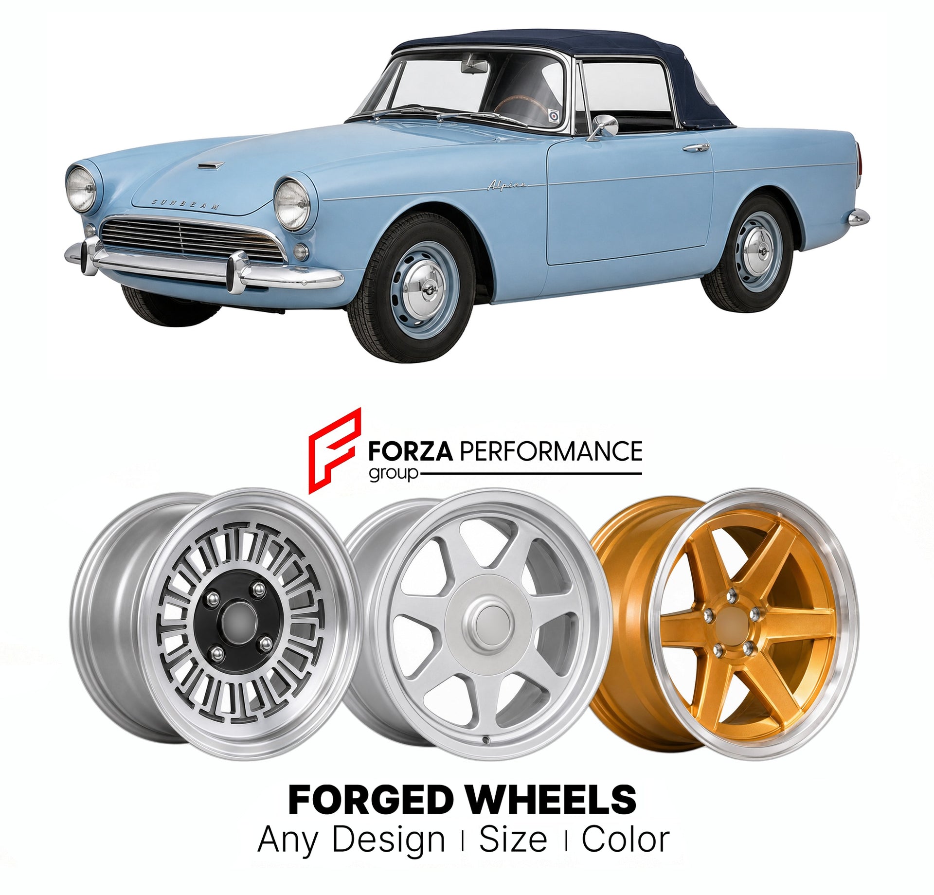 CUSTOM CLASSIC VINTAGE RESTOMOD RETRO OLD SCHOOL FORGED WHEELS RIMS for SUNBEAM ALPINE SERIES I-V 1959 - 1968

Custom forged wheels for Sunbeam Alpine Series I-V 1959 - 1968. Classic, vintage, restomod wheel designs made to order in custom sizes, offsets, colors and finishes.

We manufacture premium quality forged wheels rims for Sunbeam Alpine Series I-V 1959 - 1968 in any design, size, color.

THIS WHEEL DESIGN CAN BE CUSTOM-MADE FOR YOUR CAR IN ANY SIZE AND COLOR OPTIONS
Available in monoblock, 2-piece, 