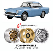 CUSTOM CLASSIC VINTAGE RESTOMOD RETRO OLD SCHOOL FORGED WHEELS RIMS for SUNBEAM ALPINE SERIES V 1965 - 1968

Custom forged wheels for Sunbeam Alpine Series V 1965 - 1968. Classic, vintage, restomod wheel designs made to order in custom sizes, offsets, colors and finishes.

We manufacture premium quality forged wheels rims for Sunbeam Alpine Series V 1965 - 1968 in any design, size, color.

THIS WHEEL DESIGN CAN BE CUSTOM-MADE FOR YOUR CAR IN ANY SIZE AND COLOR OPTIONS
Available in monoblock, 2-piece, 3-piec