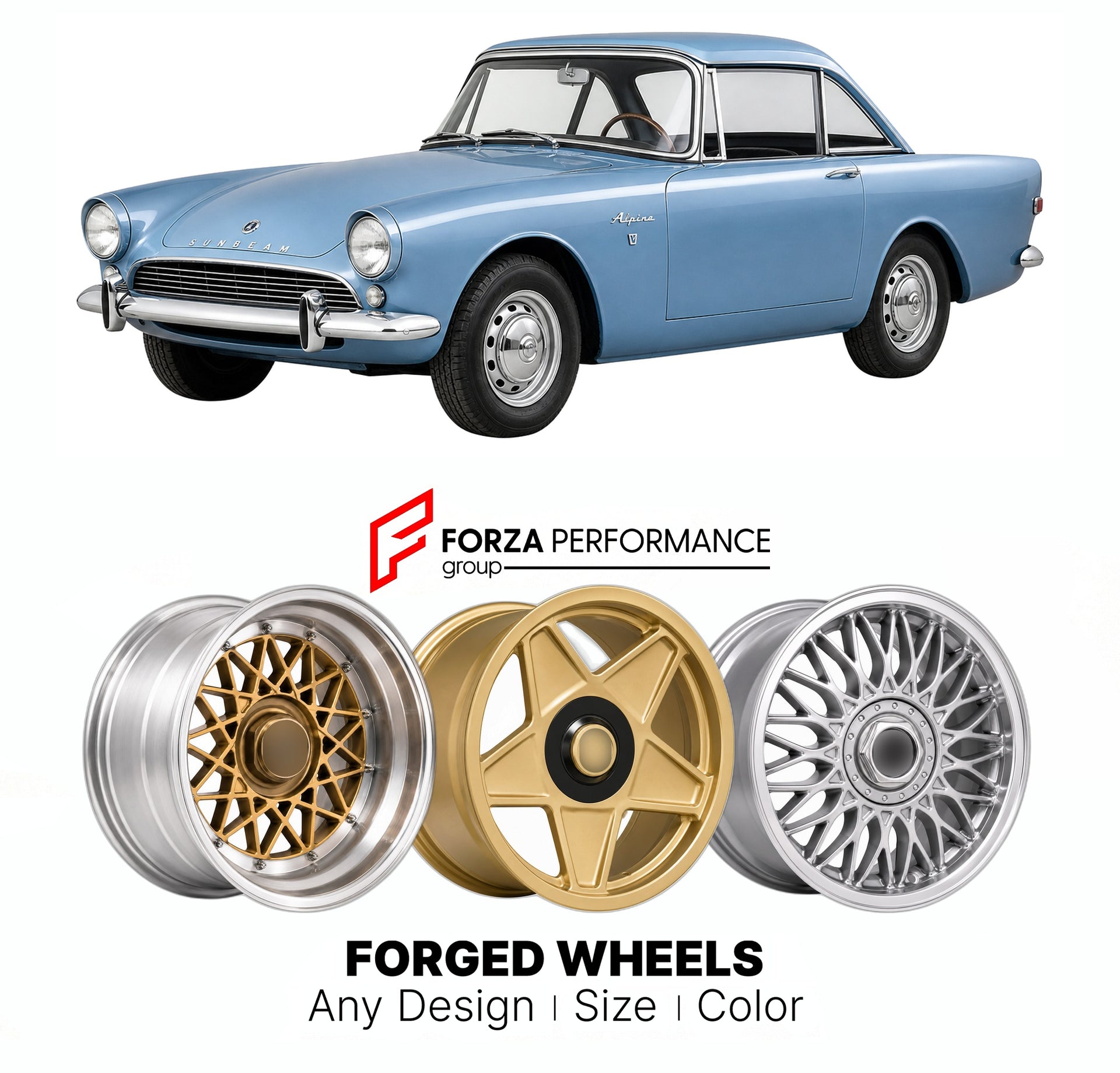 CUSTOM CLASSIC VINTAGE RESTOMOD RETRO OLD SCHOOL FORGED WHEELS RIMS for SUNBEAM ALPINE SERIES V 1965 - 1968

Custom forged wheels for Sunbeam Alpine Series V 1965 - 1968. Classic, vintage, restomod wheel designs made to order in custom sizes, offsets, colors and finishes.

We manufacture premium quality forged wheels rims for Sunbeam Alpine Series V 1965 - 1968 in any design, size, color.

THIS WHEEL DESIGN CAN BE CUSTOM-MADE FOR YOUR CAR IN ANY SIZE AND COLOR OPTIONS
Available in monoblock, 2-piece, 3-piec
