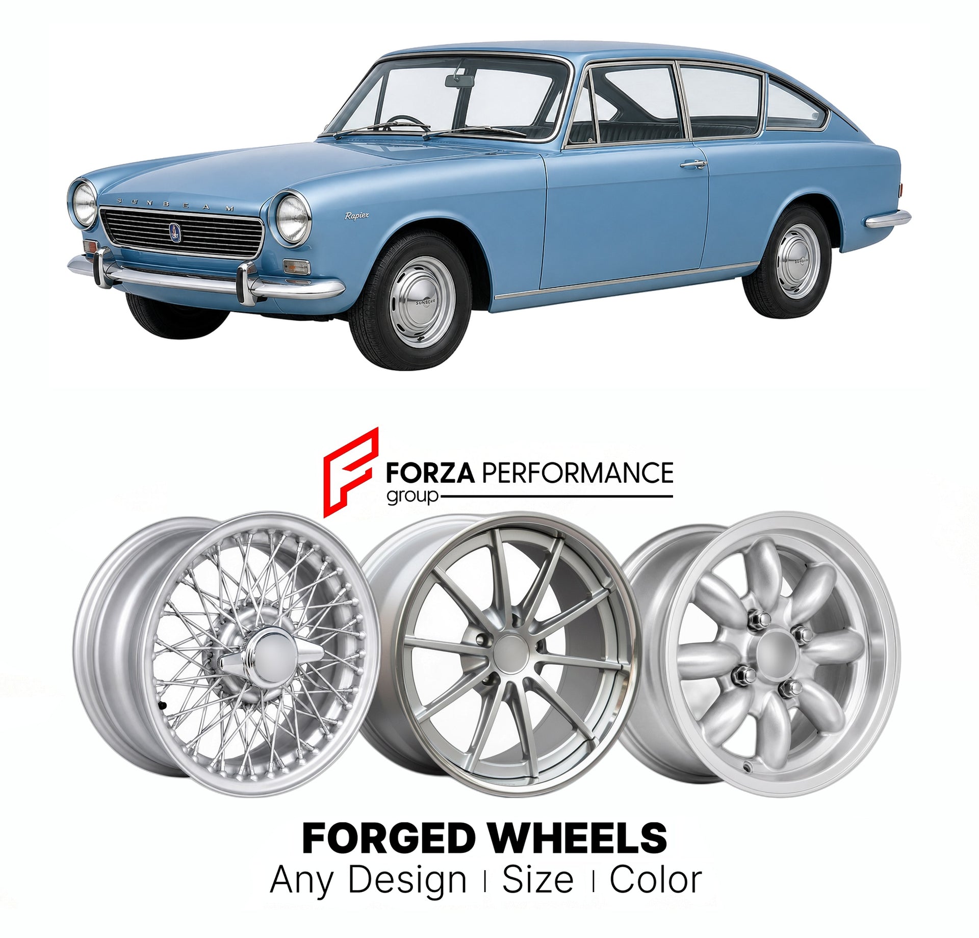 CUSTOM CLASSIC VINTAGE RESTOMOD RETRO OLD SCHOOL FORGED WHEELS RIMS for SUNBEAM RAPIER FASTBACK 1967 - 1976

Custom forged wheels for Sunbeam Rapier Fastback 1967 - 1976. Classic, vintage, restomod wheel designs made to order in custom sizes, offsets, colors and finishes.

We manufacture premium quality forged wheels rims for Sunbeam Rapier Fastback 1967 - 1976 in any design, size, color.

THIS WHEEL DESIGN CAN BE CUSTOM-MADE FOR YOUR CAR IN ANY SIZE AND COLOR OPTIONS
Available in monoblock, 2-piece, 3-piec