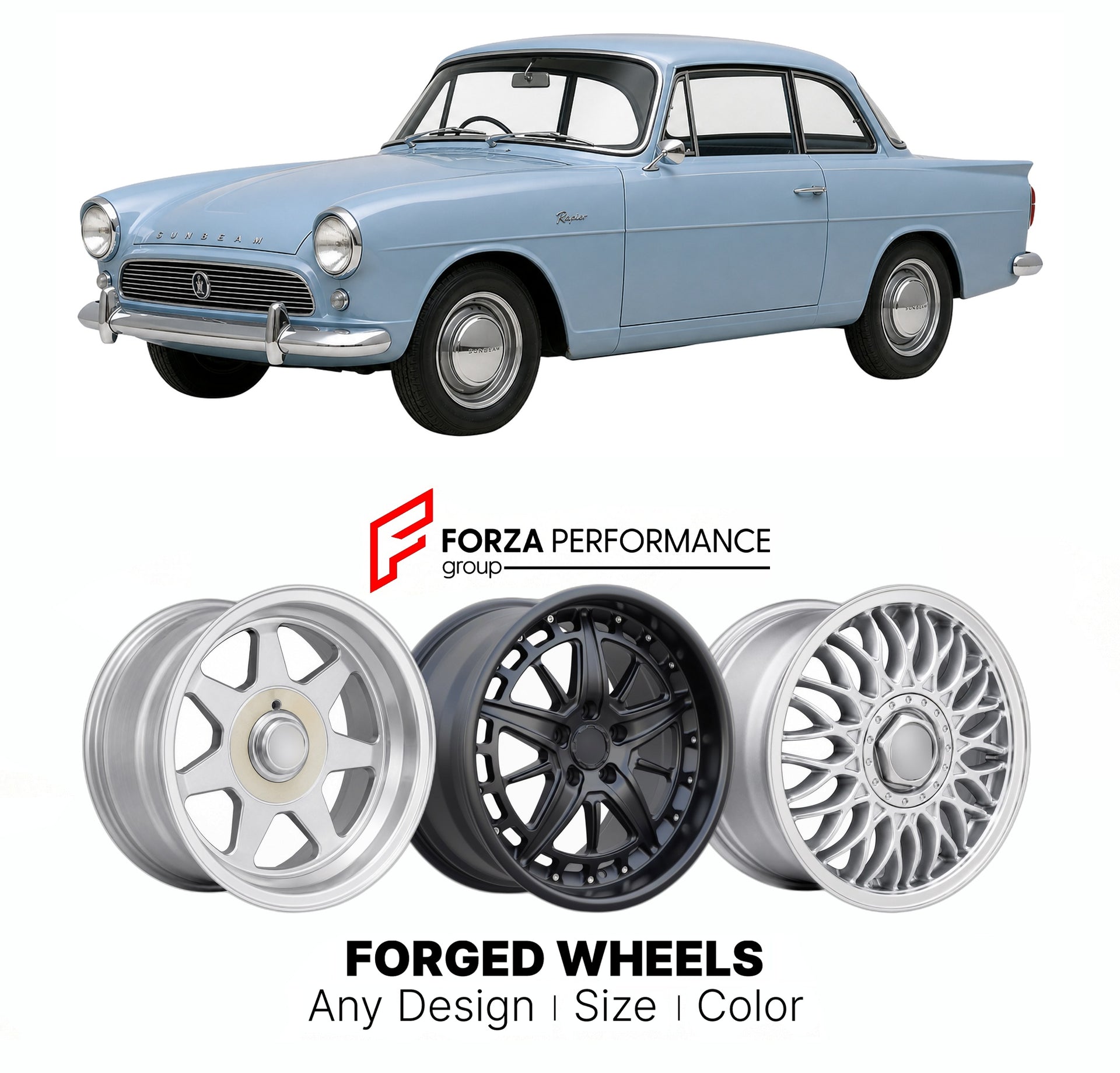 CUSTOM CLASSIC VINTAGE RESTOMOD RETRO OLD SCHOOL FORGED WHEELS RIMS for SUNBEAM RAPIER SERIES III-V 1959 - 1967

Custom forged wheels for Sunbeam Rapier Series III-V 1959 - 1967. Classic, vintage, restomod wheel designs made to order in custom sizes, offsets, colors and finishes.

We manufacture premium quality forged wheels rims for Sunbeam Rapier Series III-V 1959 - 1967 in any design, size, color.

THIS WHEEL DESIGN CAN BE CUSTOM-MADE FOR YOUR CAR IN ANY SIZE AND COLOR OPTIONS
Available in monoblock, 2-p