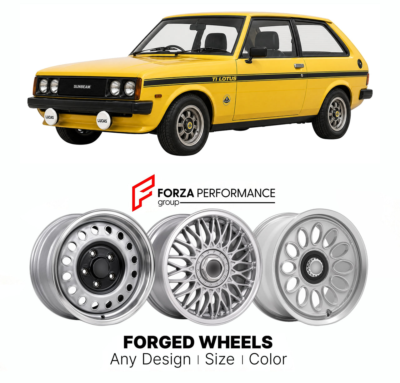 CUSTOM CLASSIC VINTAGE RESTOMOD RETRO OLD SCHOOL FORGED WHEELS RIMS for SUNBEAM TI LOTUS 1979 - 1981

Custom forged wheels for Sunbeam Ti Lotus 1979 - 1981. Classic, vintage, restomod wheel designs made to order in custom sizes, offsets, colors and finishes.

We manufacture premium quality forged wheels rims for Sunbeam Ti Lotus 1979 - 1981 in any design, size, color.

THIS WHEEL DESIGN CAN BE CUSTOM-MADE FOR YOUR CAR IN ANY SIZE AND COLOR OPTIONS
Available in monoblock, 2-piece, 3-piece, duoblock, beadlock