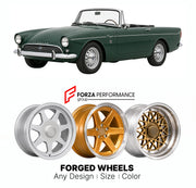 CUSTOM CLASSIC VINTAGE RESTOMOD RETRO OLD SCHOOL FORGED WHEELS RIMS for SUNBEAM TIGER MK I II 1964 - 1967

Custom forged wheels for Sunbeam Tiger MK I II 1964 - 1967. Classic, vintage, restomod wheel designs made to order in custom sizes, offsets, colors and finishes.

We manufacture premium quality forged wheels rims for Sunbeam Tiger MK I II 1964 - 1967 in any design, size, color.

THIS WHEEL DESIGN CAN BE CUSTOM-MADE FOR YOUR CAR IN ANY SIZE AND COLOR OPTIONS
Available in monoblock, 2-piece, 3-piece, duo
