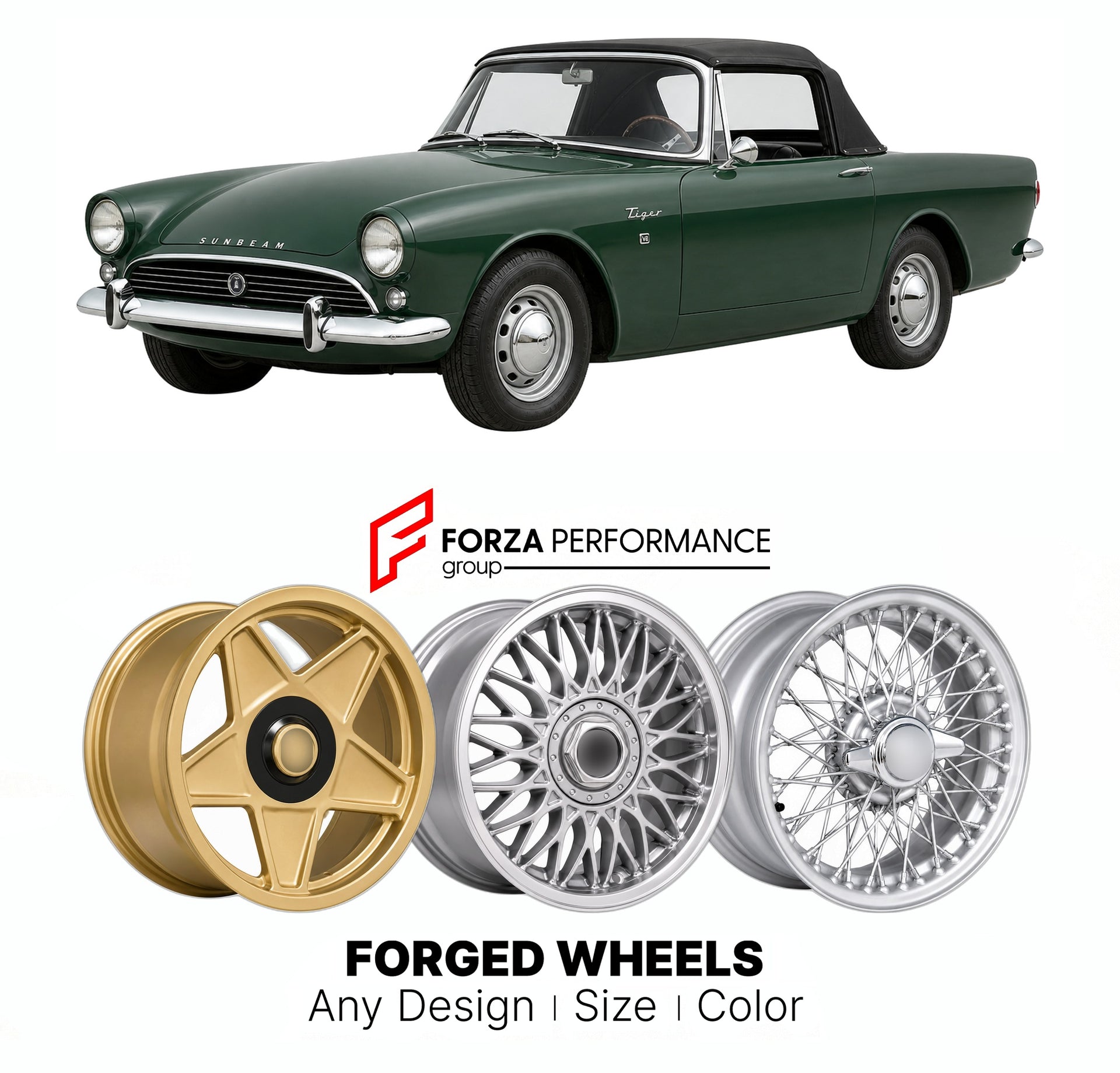 CUSTOM CLASSIC VINTAGE RESTOMOD RETRO OLD SCHOOL FORGED WHEELS RIMS for SUNBEAM TIGER MK I MK IA 1964 - 1967

Custom forged wheels for Sunbeam Tiger MK I MK IA 1964 - 1967. Classic, vintage, restomod wheel designs made to order in custom sizes, offsets, colors and finishes.

We manufacture premium quality forged wheels rims for Sunbeam Tiger MK I MK IA 1964 - 1967 in any design, size, color.

THIS WHEEL DESIGN CAN BE CUSTOM-MADE FOR YOUR CAR IN ANY SIZE AND COLOR OPTIONS
Available in monoblock, 2-piece, 3-p