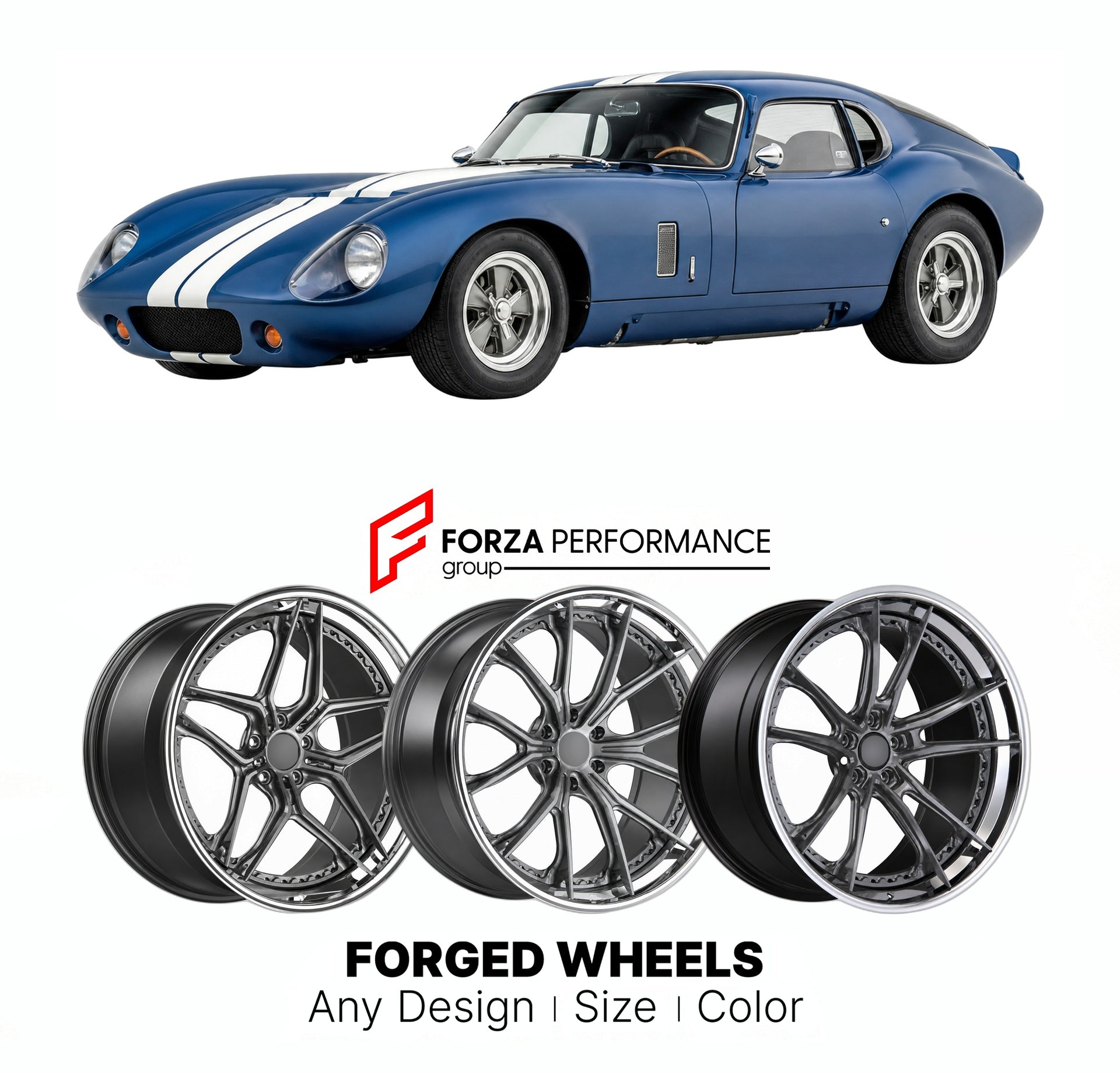 FORGED WHEELS RIMS for SUPERFORMANCE MKIII DAYTONA COUPE COBRA CONTINUATION 1990+

Custom forged wheels for Superformance MKIII Daytona Coupe Cobra Continuation 1990+. Made-to-order monoblock, 2-piece and 3-piece rims in custom sizes, offsets, colors and finishes with guaranteed fitment.

We manufacture premium quality forged wheels rims for Superformance MKIII Daytona Coupe Cobra Continuation 1990+ in any design, size, color.

THIS WHEEL DESIGN CAN BE CUSTOM-MADE FOR YOUR CAR IN ANY SIZE AND COLOR OPTIONS
