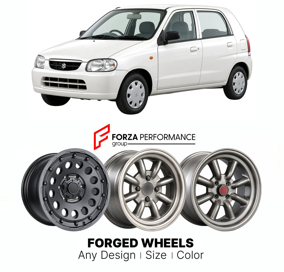 CUSTOM CLASSIC VINTAGE RESTOMOD RETRO OLD SCHOOL FORGED WHEELS RIMS for SUZUKI ALTO HA12 HA22 HA23 1998 - 2004

Custom forged wheels for Suzuki Alto HA12 HA22 HA23 1998 - 2004. Classic, vintage, restomod and retro JDM wheel designs made to order in custom sizes, offsets, colors and finishes with guaranteed fitment.

We manufacture premium quality forged wheels rims for Suzuki Alto HA12 HA22 HA23 1998 - 2004 in any design, size, color.

JDM WHEEL DESIGNS: our Japanese collection for hatchbacks, kei cars and 