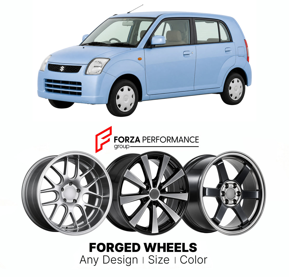 FORGED WHEELS RIMS for SUZUKI ALTO HA24 2004 - 2009

Custom forged wheels for Suzuki Alto HA24 2004 - 2009. Made-to-order monoblock, 2-piece and 3-piece rims in custom sizes, offsets, colors and finishes with guaranteed fitment.

We manufacture premium quality forged wheels rims for Suzuki Alto HA24 2004 - 2009 in any design, size, color.

JDM WHEEL DESIGNS: our Japanese collection for hatchbacks, kei cars and MPVs includes designs inspired by Rays Volk Racing, Enkei, XXR, Rota, Work Wheels, Cosmis Racing, 
