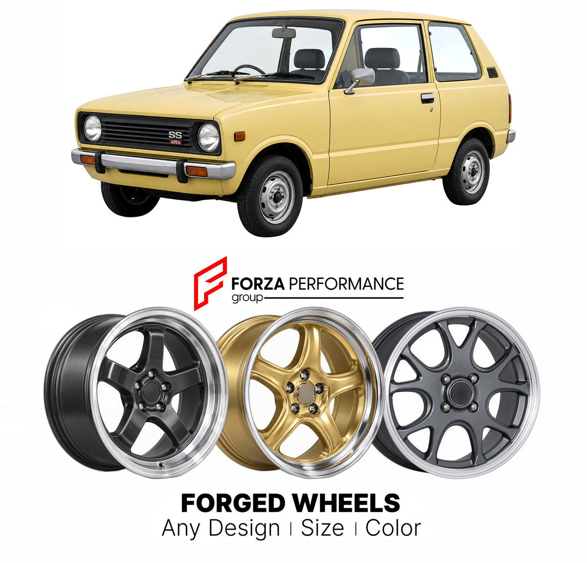 CUSTOM CLASSIC VINTAGE RESTOMOD RETRO OLD SCHOOL FORGED WHEELS RIMS for SUZUKI ALTO SS30 SS40 1979 - 1984

Custom forged wheels for Suzuki Alto SS30 SS40 1979 - 1984. Classic, vintage, restomod and retro JDM wheel designs made to order in custom sizes, offsets, colors and finishes with guaranteed fitment.

We manufacture premium quality forged wheels rims for Suzuki Alto SS30 SS40 1979 - 1984 in any design, size, color.

JDM WHEEL DESIGNS: our Japanese collection for hatchbacks, kei cars and MPVs includes d