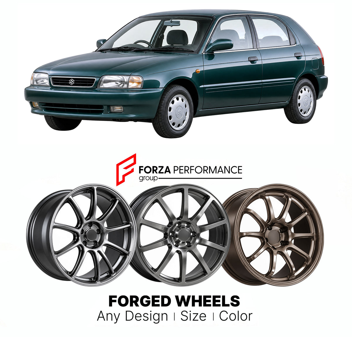 CUSTOM CLASSIC VINTAGE RESTOMOD RETRO OLD SCHOOL FORGED WHEELS RIMS for SUZUKI BALENO EG 1995 - 2002

Custom forged wheels for Suzuki Baleno EG 1995 - 2002. Classic, vintage, restomod and retro JDM wheel designs made to order in custom sizes, offsets, colors and finishes with guaranteed fitment.

We manufacture premium quality forged wheels rims for Suzuki Baleno EG 1995 - 2002 in any design, size, color.

JDM WHEEL DESIGNS: our Japanese collection for hatchbacks, kei cars and MPVs includes designs inspired