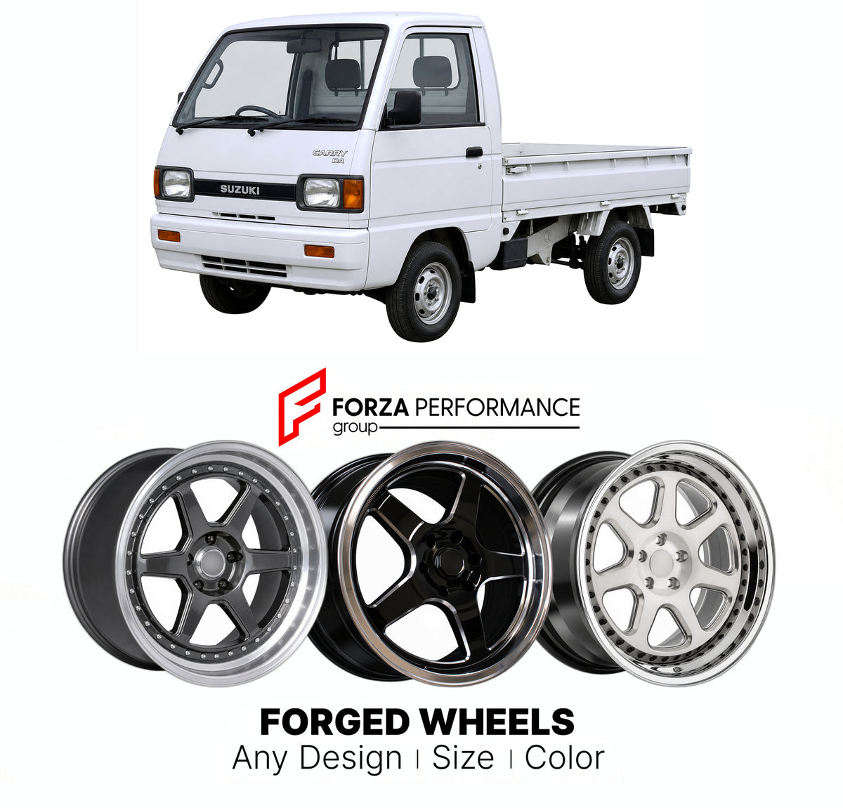 CUSTOM CLASSIC VINTAGE RESTOMOD RETRO OLD SCHOOL FORGED WHEELS RIMS for SUZUKI CARRY DA DB 1985 - 1991

Custom forged wheels for Suzuki Carry DA DB 1985 - 1991. Classic, vintage, restomod and retro JDM wheel designs made to order in custom sizes, offsets, colors and finishes with guaranteed fitment.

We manufacture premium quality forged wheels rims for Suzuki Carry DA DB 1985 - 1991 in any design, size, color.

JDM WHEEL DESIGNS: our Japanese collection for hatchbacks, kei cars and MPVs includes designs in