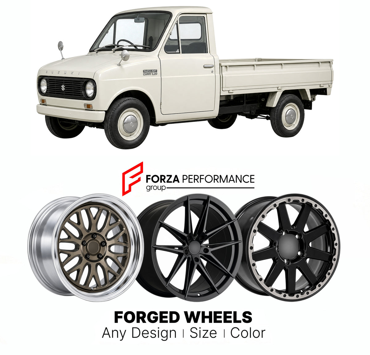 CUSTOM CLASSIC VINTAGE RESTOMOD RETRO OLD SCHOOL FORGED WHEELS RIMS for SUZUKI CARRY L20 L30 1965 - 1969

Custom forged wheels for Suzuki Carry L20 L30 1965 - 1969. Classic, vintage, restomod and retro JDM wheel designs made to order in custom sizes, offsets, colors and finishes with guaranteed fitment.

We manufacture premium quality forged wheels rims for Suzuki Carry L20 L30 1965 - 1969 in any design, size, color.

JDM WHEEL DESIGNS: our Japanese collection for hatchbacks, kei cars and MPVs includes desi