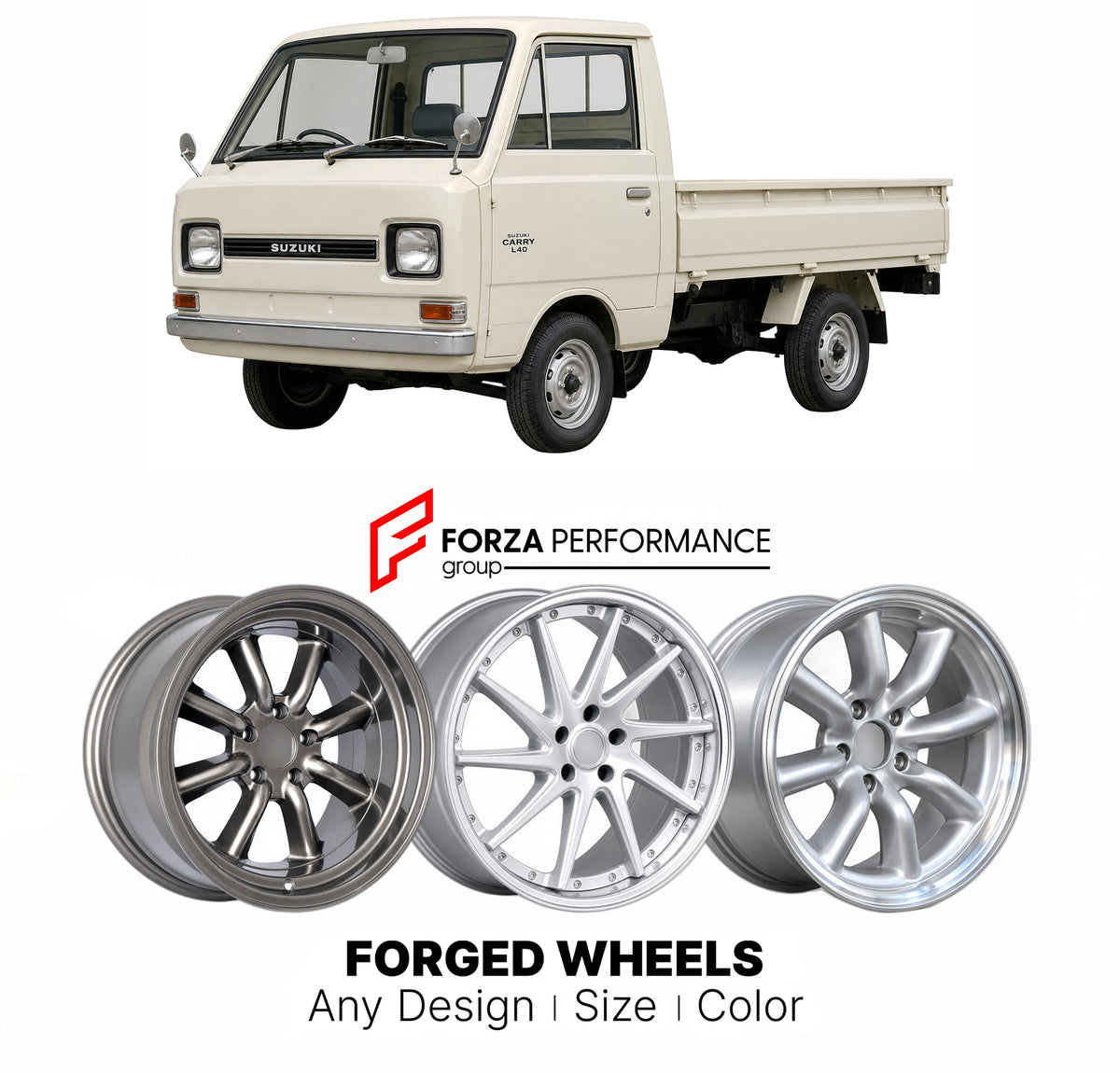 CUSTOM CLASSIC VINTAGE RESTOMOD RETRO OLD SCHOOL FORGED WHEELS RIMS for SUZUKI CARRY L40 1969 - 1972

Custom forged wheels for Suzuki Carry L40 1969 - 1972. Classic, vintage, restomod and retro JDM wheel designs made to order in custom sizes, offsets, colors and finishes with guaranteed fitment.

We manufacture premium quality forged wheels rims for Suzuki Carry L40 1969 - 1972 in any design, size, color.

JDM WHEEL DESIGNS: our Japanese collection for hatchbacks, kei cars and MPVs includes designs inspired