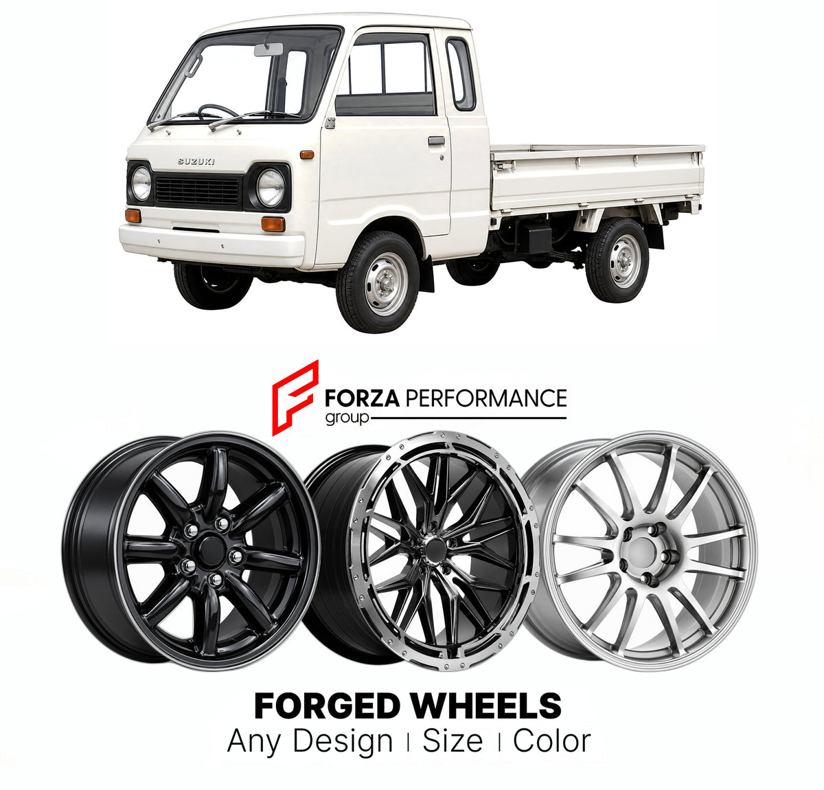CUSTOM CLASSIC VINTAGE RESTOMOD RETRO OLD SCHOOL FORGED WHEELS RIMS for SUZUKI CARRY L50 L60 1972 - 1976

Custom forged wheels for Suzuki Carry L50 L60 1972 - 1976. Classic, vintage, restomod and retro JDM wheel designs made to order in custom sizes, offsets, colors and finishes with guaranteed fitment.

We manufacture premium quality forged wheels rims for Suzuki Carry L50 L60 1972 - 1976 in any design, size, color.

JDM WHEEL DESIGNS: our Japanese collection for hatchbacks, kei cars and MPVs includes desi