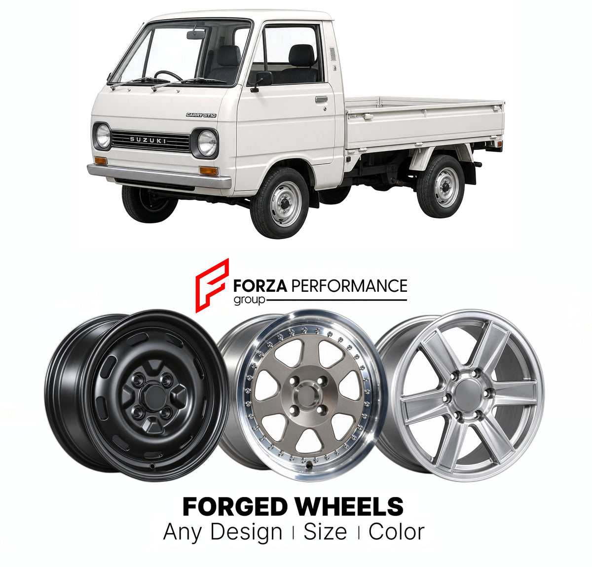 CUSTOM CLASSIC VINTAGE RESTOMOD RETRO OLD SCHOOL FORGED WHEELS RIMS for SUZUKI CARRY ST10 ST20 1976 - 1979

Custom forged wheels for Suzuki Carry ST10 ST20 1976 - 1979. Classic, vintage, restomod and retro JDM wheel designs made to order in custom sizes, offsets, colors and finishes with guaranteed fitment.

We manufacture premium quality forged wheels rims for Suzuki Carry ST10 ST20 1976 - 1979 in any design, size, color.

JDM WHEEL DESIGNS: our Japanese collection for hatchbacks, kei cars and MPVs include