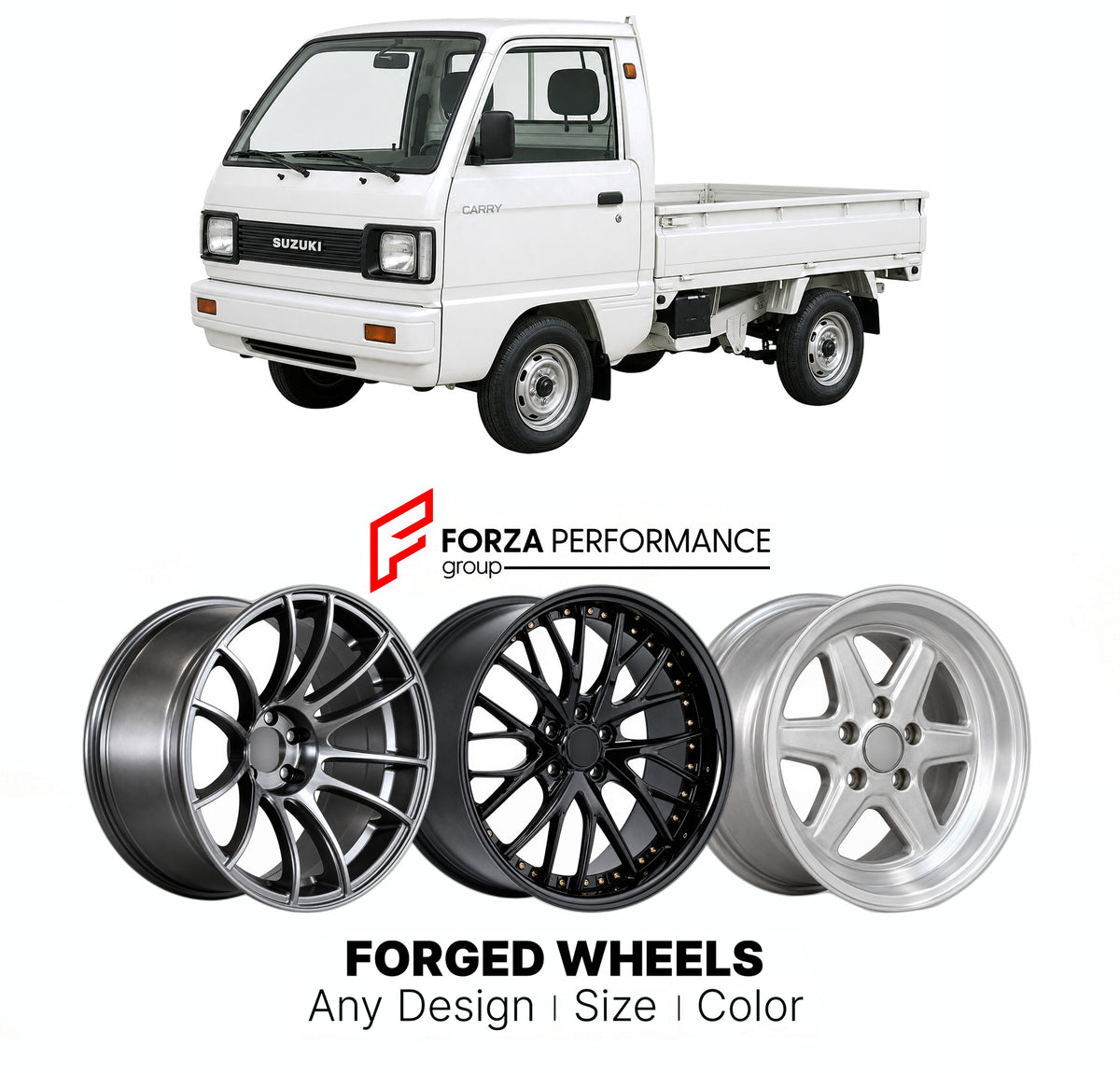 CUSTOM CLASSIC VINTAGE RESTOMOD RETRO OLD SCHOOL FORGED WHEELS RIMS for SUZUKI CARRY ST30 ST40 ST90 1979 - 1985

Custom forged wheels for Suzuki Carry ST30 ST40 ST90 1979 - 1985. Classic, vintage, restomod and retro JDM wheel designs made to order in custom sizes, offsets, colors and finishes with guaranteed fitment.

We manufacture premium quality forged wheels rims for Suzuki Carry ST30 ST40 ST90 1979 - 1985 in any design, size, color.

JDM WHEEL DESIGNS: our Japanese collection for hatchbacks, kei cars a