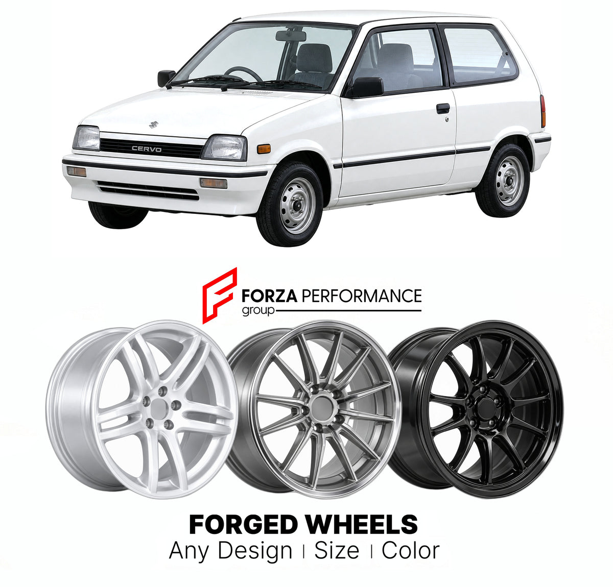 CUSTOM CLASSIC VINTAGE RESTOMOD RETRO OLD SCHOOL FORGED WHEELS RIMS for SUZUKI CERVO CG CH 1988 - 1990

Custom forged wheels for Suzuki Cervo CG CH 1988 - 1990. Classic, vintage, restomod and retro JDM wheel designs made to order in custom sizes, offsets, colors and finishes with guaranteed fitment.

We manufacture premium quality forged wheels rims for Suzuki Cervo CG CH 1988 - 1990 in any design, size, color.

JDM WHEEL DESIGNS: our Japanese collection for hatchbacks, kei cars and MPVs includes designs in