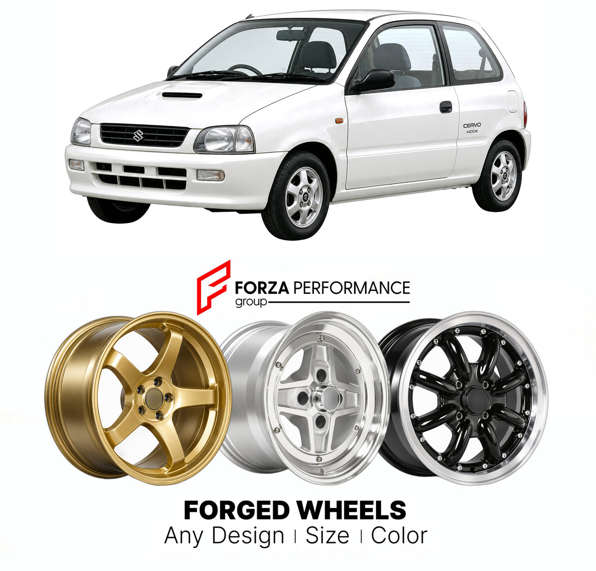 CUSTOM CLASSIC VINTAGE RESTOMOD RETRO OLD SCHOOL FORGED WHEELS RIMS for SUZUKI CERVO CN CP 1990 - 1998

Custom forged wheels for Suzuki Cervo CN CP 1990 - 1998. Classic, vintage, restomod and retro JDM wheel designs made to order in custom sizes, offsets, colors and finishes with guaranteed fitment.

We manufacture premium quality forged wheels rims for Suzuki Cervo CN CP 1990 - 1998 in any design, size, color.

JDM WHEEL DESIGNS: our Japanese collection for hatchbacks, kei cars and MPVs includes designs in