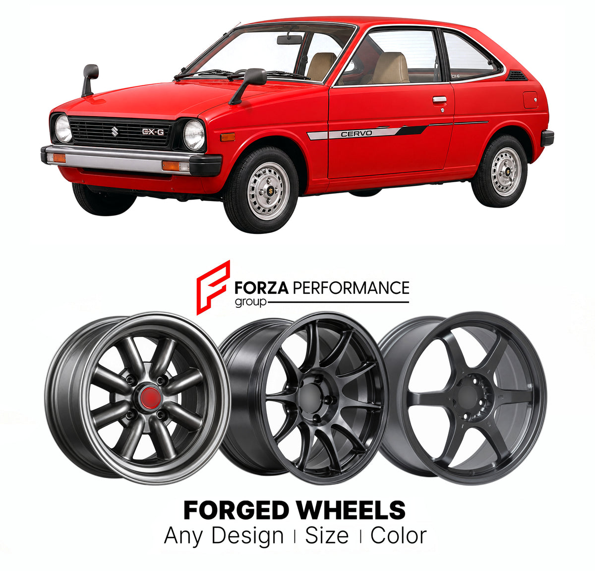 CUSTOM CLASSIC VINTAGE RESTOMOD RETRO OLD SCHOOL FORGED WHEELS RIMS for SUZUKI CERVO SS20 1977 - 1982

Custom forged wheels for Suzuki Cervo SS20 1977 - 1982. Classic, vintage, restomod and retro JDM wheel designs made to order in custom sizes, offsets, colors and finishes with guaranteed fitment.

We manufacture premium quality forged wheels rims for Suzuki Cervo SS20 1977 - 1982 in any design, size, color.

JDM WHEEL DESIGNS: our Japanese collection for hatchbacks, kei cars and MPVs includes designs inspi