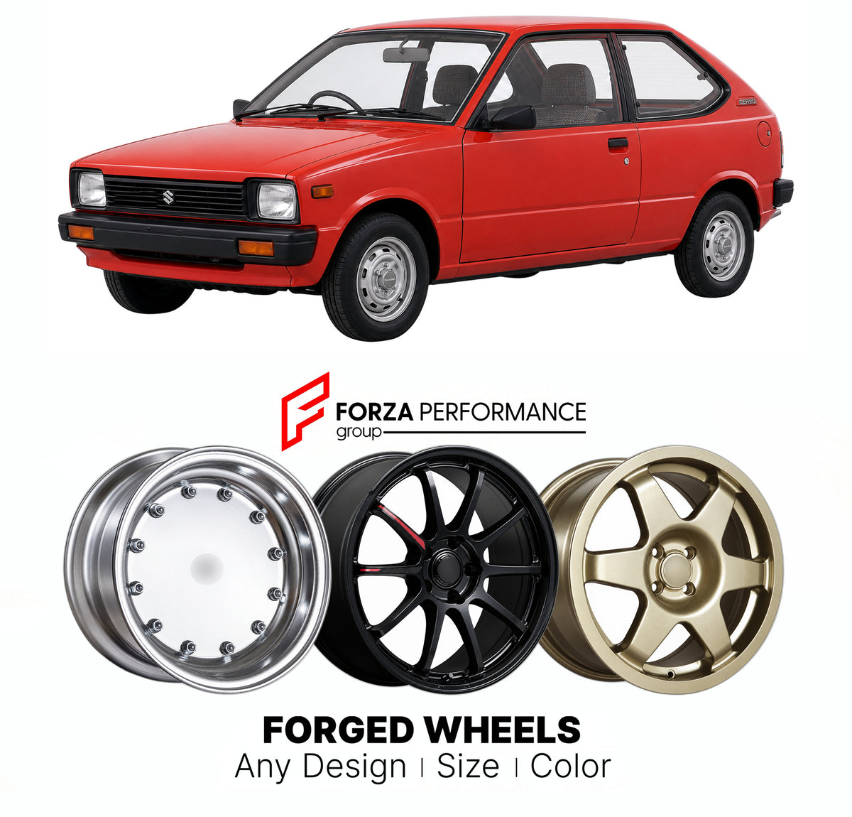 CUSTOM CLASSIC VINTAGE RESTOMOD RETRO OLD SCHOOL FORGED WHEELS RIMS for SUZUKI CERVO SS40 1982 - 1988

Custom forged wheels for Suzuki Cervo SS40 1982 - 1988. Classic, vintage, restomod and retro JDM wheel designs made to order in custom sizes, offsets, colors and finishes with guaranteed fitment.

We manufacture premium quality forged wheels rims for Suzuki Cervo SS40 1982 - 1988 in any design, size, color.

JDM WHEEL DESIGNS: our Japanese collection for hatchbacks, kei cars and MPVs includes designs inspi