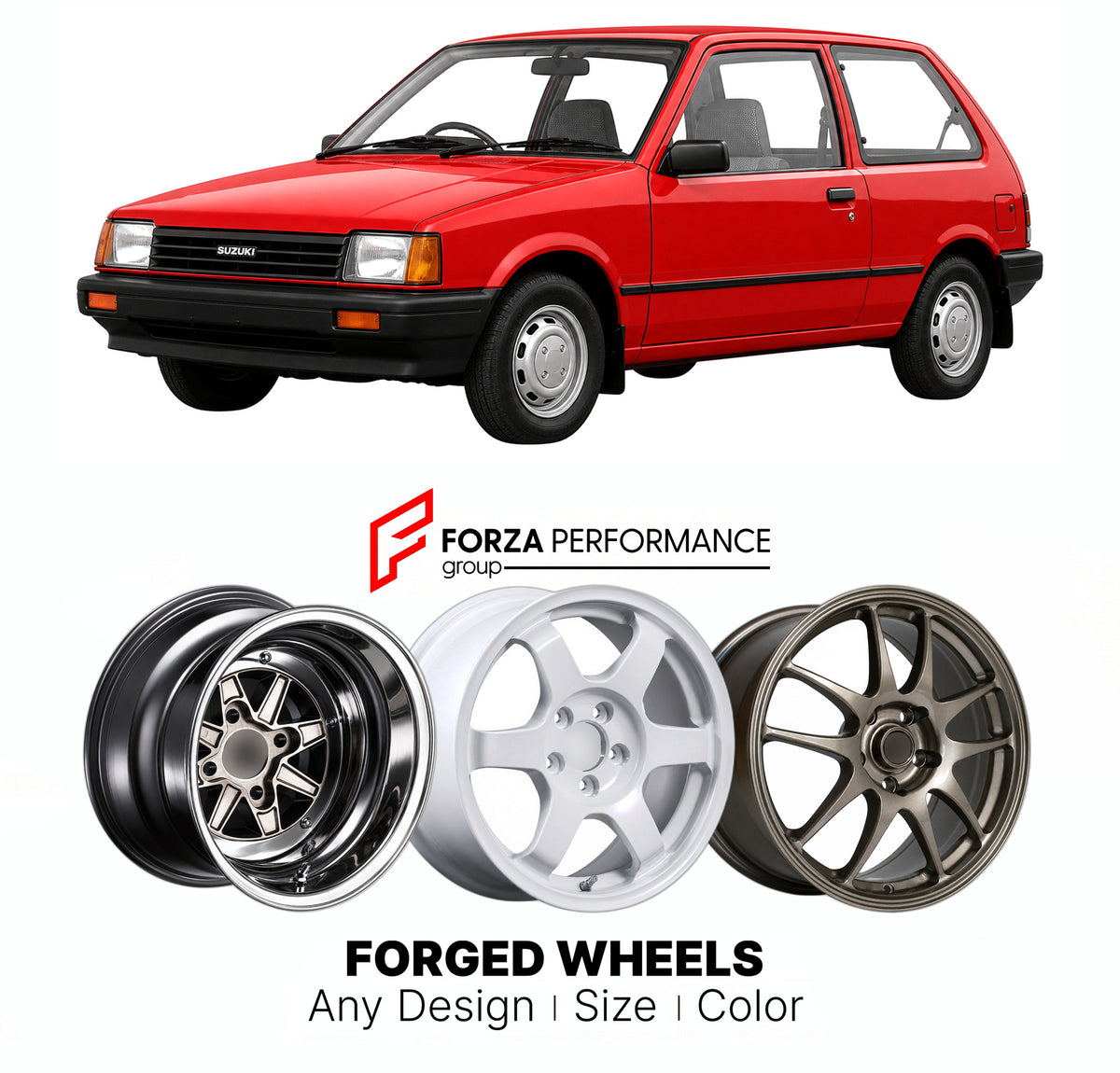 CUSTOM CLASSIC VINTAGE RESTOMOD RETRO OLD SCHOOL FORGED WHEELS RIMS for SUZUKI CULTUS GEO METRO SA SF 1983 - 1988

Custom forged wheels for Suzuki Cultus Geo Metro SA SF 1983 - 1988. Classic, vintage, restomod and retro JDM wheel designs made to order in custom sizes, offsets, colors and finishes with guaranteed fitment.

We manufacture premium quality forged wheels rims for Suzuki Cultus Geo Metro SA SF 1983 - 1988 in any design, size, color.

JDM WHEEL DESIGNS: our Japanese collection for hatchbacks, kei 