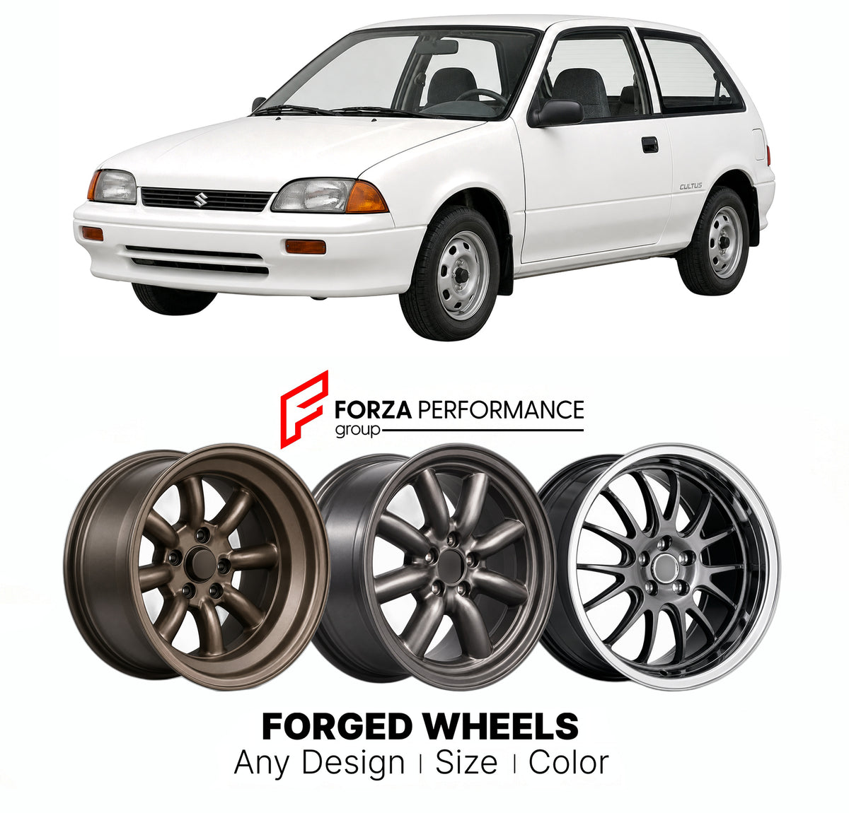 CUSTOM CLASSIC VINTAGE RESTOMOD RETRO OLD SCHOOL FORGED WHEELS RIMS for SUZUKI CULTUS GEO METRO SF SG 1988 - 1995

Custom forged wheels for Suzuki Cultus Geo Metro SF SG 1988 - 1995. Classic, vintage, restomod and retro JDM wheel designs made to order in custom sizes, offsets, colors and finishes with guaranteed fitment.

We manufacture premium quality forged wheels rims for Suzuki Cultus Geo Metro SF SG 1988 - 1995 in any design, size, color.

JDM WHEEL DESIGNS: our Japanese collection for hatchbacks, kei 