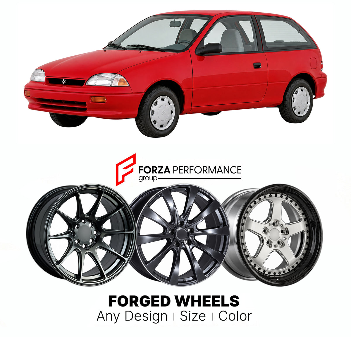 CUSTOM CLASSIC VINTAGE RESTOMOD RETRO OLD SCHOOL FORGED WHEELS RIMS for SUZUKI CULTUS GEO METRO SY SZ 1995 - 2002

Custom forged wheels for Suzuki Cultus Geo Metro SY SZ 1995 - 2002. Classic, vintage, restomod and retro JDM wheel designs made to order in custom sizes, offsets, colors and finishes with guaranteed fitment.

We manufacture premium quality forged wheels rims for Suzuki Cultus Geo Metro SY SZ 1995 - 2002 in any design, size, color.

JDM WHEEL DESIGNS: our Japanese collection for hatchbacks, kei 