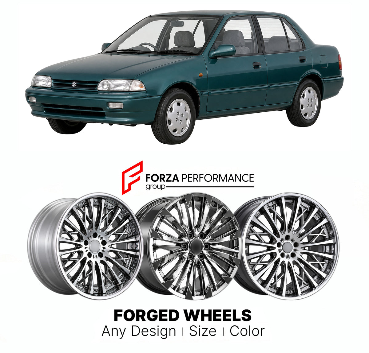 CUSTOM CLASSIC VINTAGE RESTOMOD RETRO OLD SCHOOL FORGED WHEELS RIMS for SUZUKI ESTEEM EG 1995 - 2002

Custom forged wheels for Suzuki Esteem EG 1995 - 2002. Classic, vintage, restomod and retro JDM wheel designs made to order in custom sizes, offsets, colors and finishes with guaranteed fitment.

We manufacture premium quality forged wheels rims for Suzuki Esteem EG 1995 - 2002 in any design, size, color.

JDM WHEEL DESIGNS: our Japanese collection for sedans and wagons includes designs inspired by Weds Kra