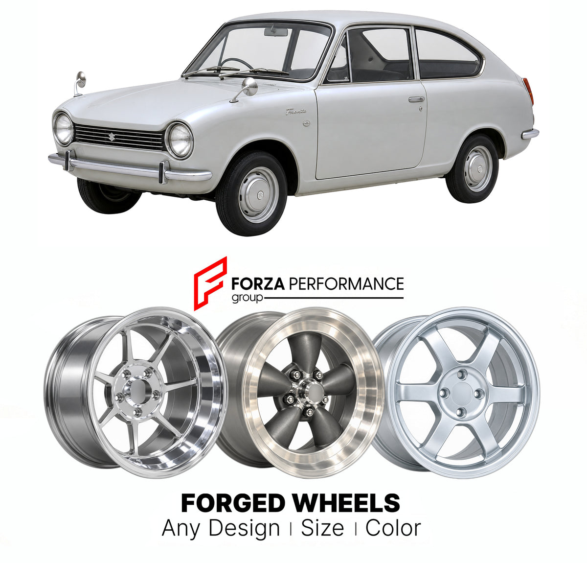 CUSTOM CLASSIC VINTAGE RESTOMOD RETRO OLD SCHOOL FORGED WHEELS RIMS for SUZUKI FRONTE 360 LC10 1967 - 1970

Custom forged wheels for Suzuki Fronte 360 LC10 1967 - 1970. Classic, vintage, restomod and retro JDM wheel designs made to order in custom sizes, offsets, colors and finishes with guaranteed fitment.

We manufacture premium quality forged wheels rims for Suzuki Fronte 360 LC10 1967 - 1970 in any design, size, color.

JDM WHEEL DESIGNS: our Japanese collection for hatchbacks, kei cars and MPVs include