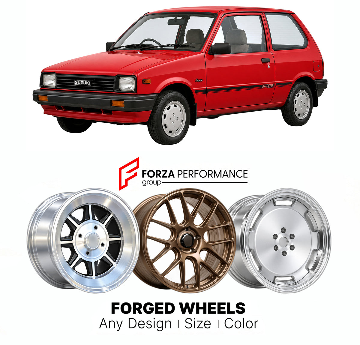 CUSTOM CLASSIC VINTAGE RESTOMOD RETRO OLD SCHOOL FORGED WHEELS RIMS for SUZUKI FRONTE CB CD 1984 - 1988

Custom forged wheels for Suzuki Fronte CB CD 1984 - 1988. Classic, vintage, restomod and retro JDM wheel designs made to order in custom sizes, offsets, colors and finishes with guaranteed fitment.

We manufacture premium quality forged wheels rims for Suzuki Fronte CB CD 1984 - 1988 in any design, size, color.

JDM WHEEL DESIGNS: our Japanese collection for hatchbacks, kei cars and MPVs includes designs
