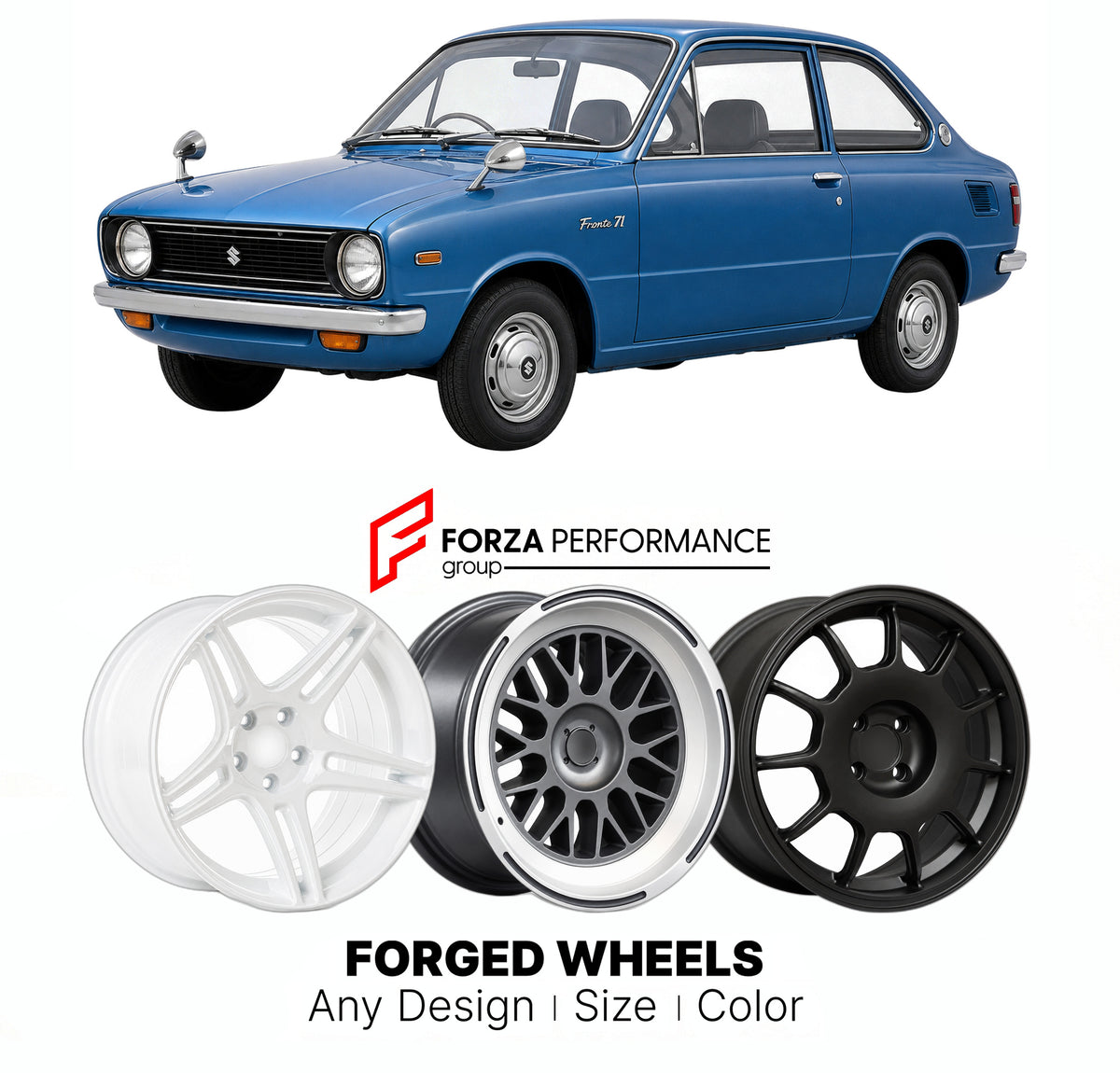 CUSTOM CLASSIC VINTAGE RESTOMOD RETRO OLD SCHOOL FORGED WHEELS RIMS for SUZUKI FRONTE LC10 II 1970 - 1976

Custom forged wheels for Suzuki Fronte LC10 II 1970 - 1976. Classic, vintage, restomod and retro JDM wheel designs made to order in custom sizes, offsets, colors and finishes with guaranteed fitment.

We manufacture premium quality forged wheels rims for Suzuki Fronte LC10 II 1970 - 1976 in any design, size, color.

JDM WHEEL DESIGNS: our Japanese collection for hatchbacks, kei cars and MPVs includes d