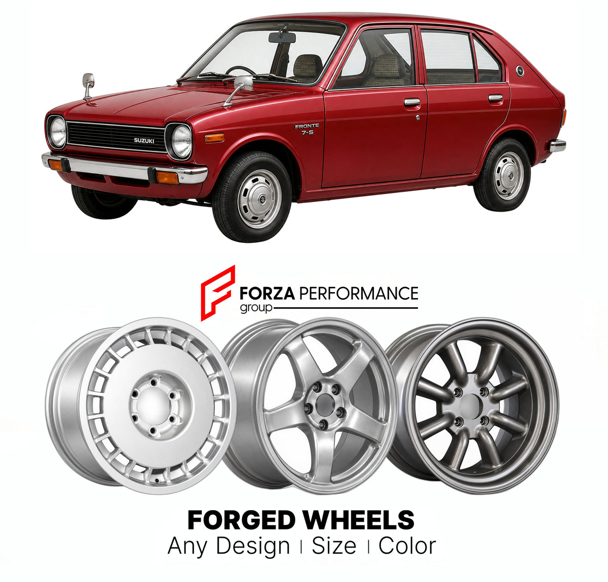 CUSTOM CLASSIC VINTAGE RESTOMOD RETRO OLD SCHOOL FORGED WHEELS RIMS for SUZUKI FRONTE SS10 SS20 1976 - 1979

Custom forged wheels for Suzuki Fronte SS10 SS20 1976 - 1979. Classic, vintage, restomod and retro JDM wheel designs made to order in custom sizes, offsets, colors and finishes with guaranteed fitment.

We manufacture premium quality forged wheels rims for Suzuki Fronte SS10 SS20 1976 - 1979 in any design, size, color.

JDM WHEEL DESIGNS: our Japanese collection for hatchbacks, kei cars and MPVs incl