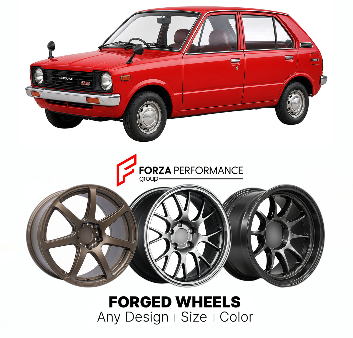 CUSTOM CLASSIC VINTAGE RESTOMOD RETRO OLD SCHOOL FORGED WHEELS RIMS for SUZUKI FRONTE SS30 SS40 1979 - 1984

Custom forged wheels for Suzuki Fronte SS30 SS40 1979 - 1984. Classic, vintage, restomod and retro JDM wheel designs made to order in custom sizes, offsets, colors and finishes with guaranteed fitment.

We manufacture premium quality forged wheels rims for Suzuki Fronte SS30 SS40 1979 - 1984 in any design, size, color.

JDM WHEEL DESIGNS: our Japanese collection for hatchbacks, kei cars and MPVs incl