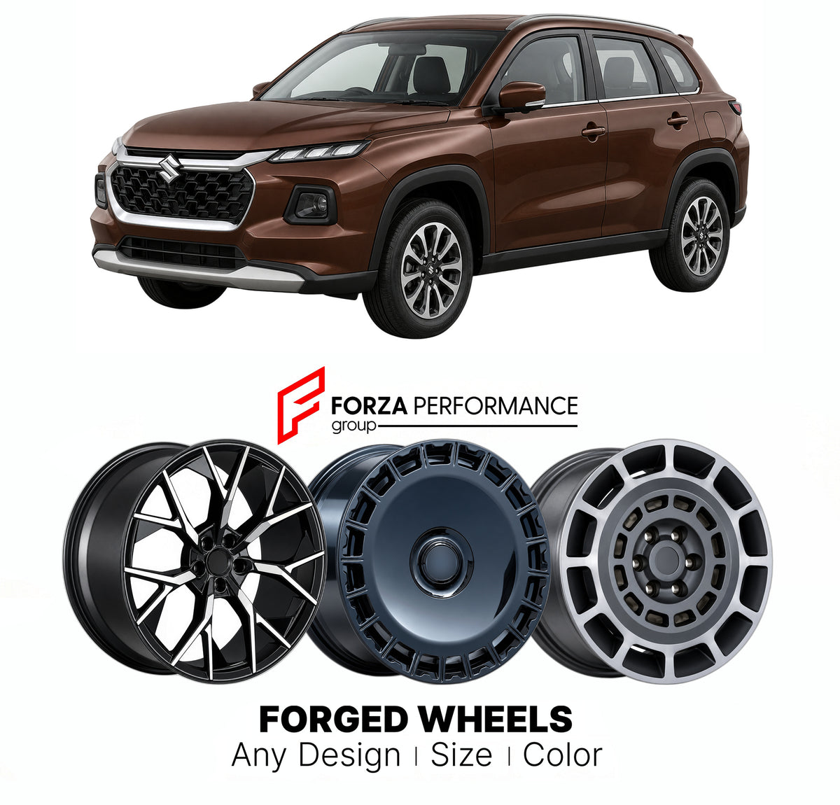 FORGED WHEELS RIMS for SUZUKI GRAND VITARA YF YH 2022+

Custom forged wheels for Suzuki Grand Vitara YF YH 2022+. Made-to-order monoblock, 2-piece and 3-piece rims in custom sizes, offsets, colors and finishes with guaranteed fitment.

We manufacture premium quality forged wheels rims for Suzuki Grand Vitara YF YH 2022+ in any design, size, color.

JDM WHEEL DESIGNS: our Japanese collection for SUVs and pickups includes designs inspired by Bradley V, Method Race Wheels, Forgiato, Kuhl Racing, Mugen, TRD, Ro