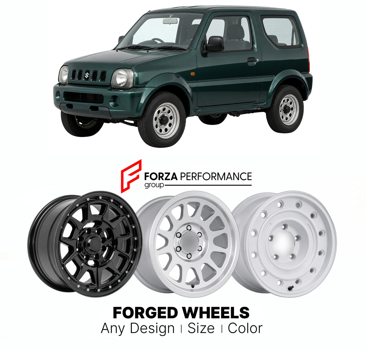 CUSTOM CLASSIC VINTAGE RESTOMOD RETRO OLD SCHOOL FORGED WHEELS RIMS for SUZUKI JIMNY JB23 JB33 JB43 1998 - 2005

Custom forged wheels for Suzuki Jimny JB23 JB33 JB43 1998 - 2005. Classic, vintage, restomod and retro JDM wheel designs made to order in custom sizes, offsets, colors and finishes with guaranteed fitment.

We manufacture premium quality forged wheels rims for Suzuki Jimny JB23 JB33 JB43 1998 - 2005 in any design, size, color.

JDM WHEEL DESIGNS: our Japanese collection for SUVs and pickups inclu