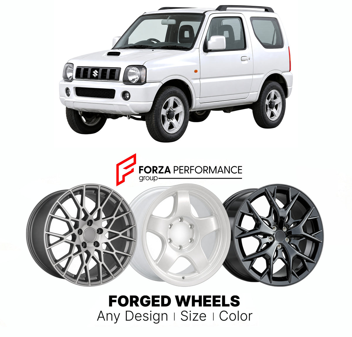 FORGED WHEELS RIMS for SUZUKI JIMNY JB23 JB33 JB43 FACELIFT 2006 - 2012

Custom forged wheels for Suzuki Jimny JB23 JB33 JB43 Facelift 2006 - 2012. Made-to-order monoblock, 2-piece and 3-piece rims in custom sizes, offsets, colors and finishes with guaranteed fitment.

We manufacture premium quality forged wheels rims for Suzuki Jimny JB23 JB33 JB43 Facelift 2006 - 2012 in any design, size, color.

JDM WHEEL DESIGNS: our Japanese collection for SUVs and pickups includes designs inspired by Bradley V, Method