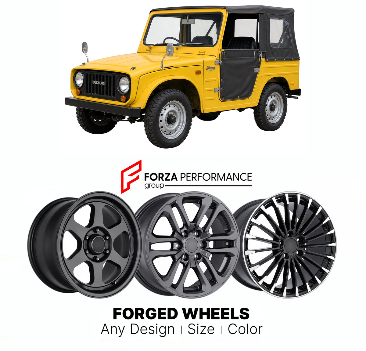 CUSTOM CLASSIC VINTAGE RESTOMOD RETRO OLD SCHOOL FORGED WHEELS RIMS for SUZUKI JIMNY LJ10 LJ20 LJ50 LJ80 1970 - 1981

Custom forged wheels for Suzuki Jimny LJ10 LJ20 LJ50 LJ80 1970 - 1981. Classic, vintage, restomod and retro JDM wheel designs made to order in custom sizes, offsets, colors and finishes with guaranteed fitment.

We manufacture premium quality forged wheels rims for Suzuki Jimny LJ10 LJ20 LJ50 LJ80 1970 - 1981 in any design, size, color.

JDM WHEEL DESIGNS: our Japanese collection for SUVs an