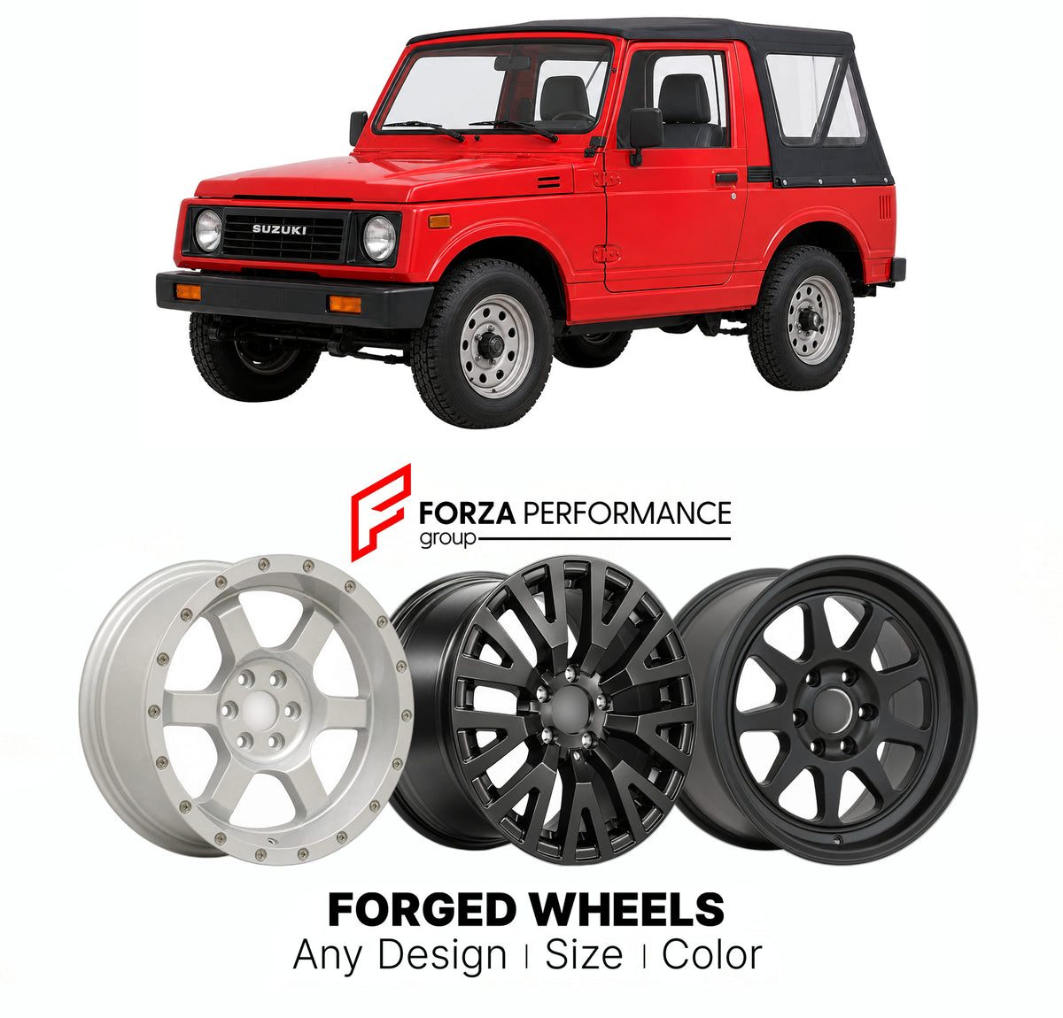 CUSTOM CLASSIC VINTAGE RESTOMOD RETRO OLD SCHOOL FORGED WHEELS RIMS for SUZUKI JIMNY SJ30 SJ40 JA JB 1981 - 1998

Custom forged wheels for Suzuki Jimny SJ30 SJ40 JA JB 1981 - 1998. Classic, vintage, restomod and retro JDM wheel designs made to order in custom sizes, offsets, colors and finishes with guaranteed fitment.

We manufacture premium quality forged wheels rims for Suzuki Jimny SJ30 SJ40 JA JB 1981 - 1998 in any design, size, color.

JDM WHEEL DESIGNS: our Japanese collection for SUVs and pickups in
