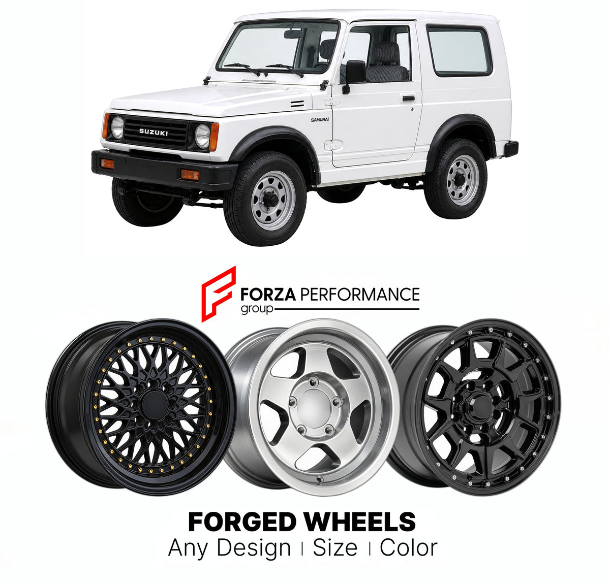 CUSTOM CLASSIC VINTAGE RESTOMOD RETRO OLD SCHOOL FORGED WHEELS RIMS for SUZUKI SAMURAI SJ413 1984 - 1997

Custom forged wheels for Suzuki Samurai SJ413 1984 - 1997. Classic, vintage, restomod and retro JDM wheel designs made to order in custom sizes, offsets, colors and finishes with guaranteed fitment.

We manufacture premium quality forged wheels rims for Suzuki Samurai SJ413 1984 - 1997 in any design, size, color.

JDM WHEEL DESIGNS: our Japanese collection for SUVs and pickups includes designs inspired 
