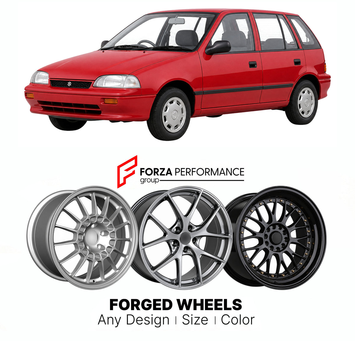 CUSTOM CLASSIC VINTAGE RESTOMOD RETRO OLD SCHOOL FORGED WHEELS RIMS for SUZUKI SWIFT EA MA 1988 - 1995

Custom forged wheels for Suzuki Swift EA MA 1988 - 1995. Classic, vintage, restomod and retro JDM wheel designs made to order in custom sizes, offsets, colors and finishes with guaranteed fitment.

We manufacture premium quality forged wheels rims for Suzuki Swift EA MA 1988 - 1995 in any design, size, color.

JDM WHEEL DESIGNS: our Japanese collection for hatchbacks, kei cars and MPVs includes designs in