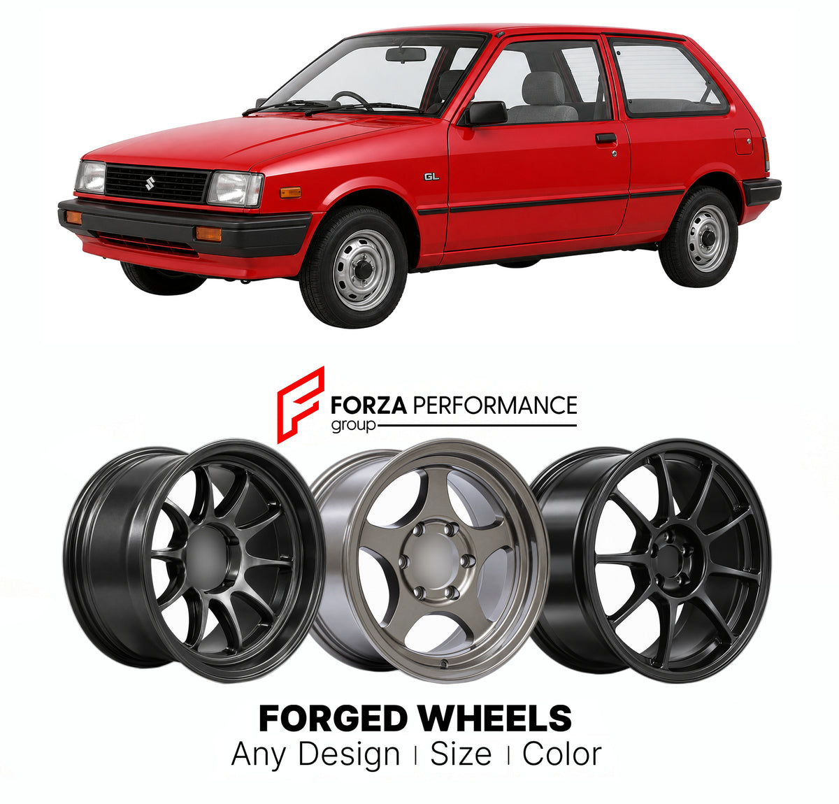 CUSTOM CLASSIC VINTAGE RESTOMOD RETRO OLD SCHOOL FORGED WHEELS RIMS for SUZUKI SWIFT SA SF AA 1983 - 1988

Custom forged wheels for Suzuki Swift SA SF AA 1983 - 1988. Classic, vintage, restomod and retro JDM wheel designs made to order in custom sizes, offsets, colors and finishes with guaranteed fitment.

We manufacture premium quality forged wheels rims for Suzuki Swift SA SF AA 1983 - 1988 in any design, size, color.

JDM WHEEL DESIGNS: our Japanese collection for hatchbacks, kei cars and MPVs includes d