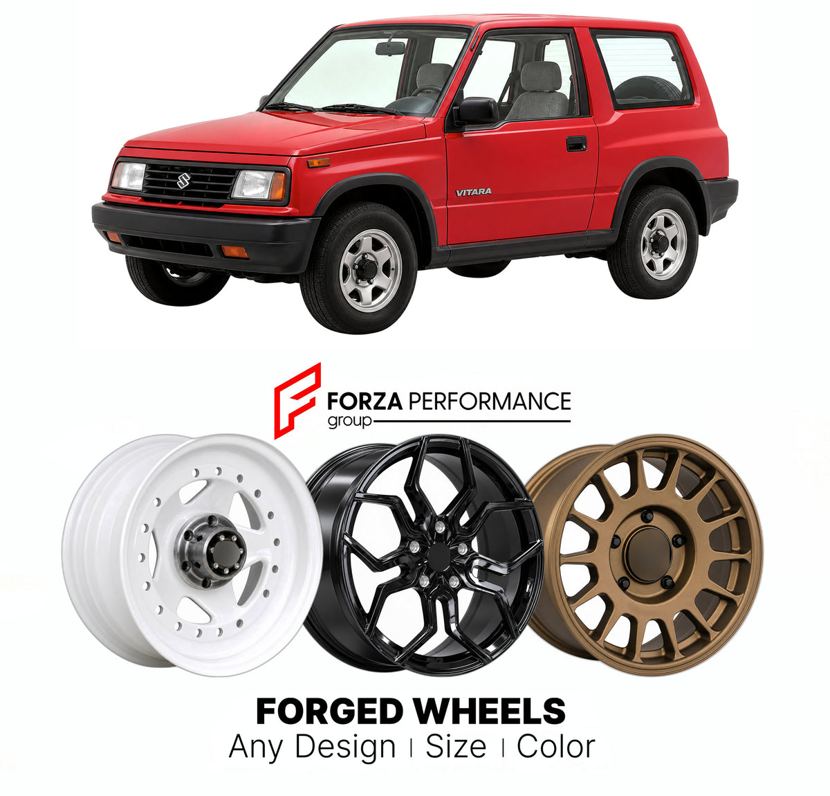 CUSTOM CLASSIC VINTAGE RESTOMOD RETRO OLD SCHOOL FORGED WHEELS RIMS for SUZUKI VITARA ESCUDO SIDEKICK ET TA 1988 - 1998

Custom forged wheels for Suzuki Vitara Escudo Sidekick ET TA 1988 - 1998. Classic, vintage, restomod and retro JDM wheel designs made to order in custom sizes, offsets, colors and finishes with guaranteed fitment.

We manufacture premium quality forged wheels rims for Suzuki Vitara Escudo Sidekick ET TA 1988 - 1998 in any design, size, color.

JDM WHEEL DESIGNS: our Japanese collection fo