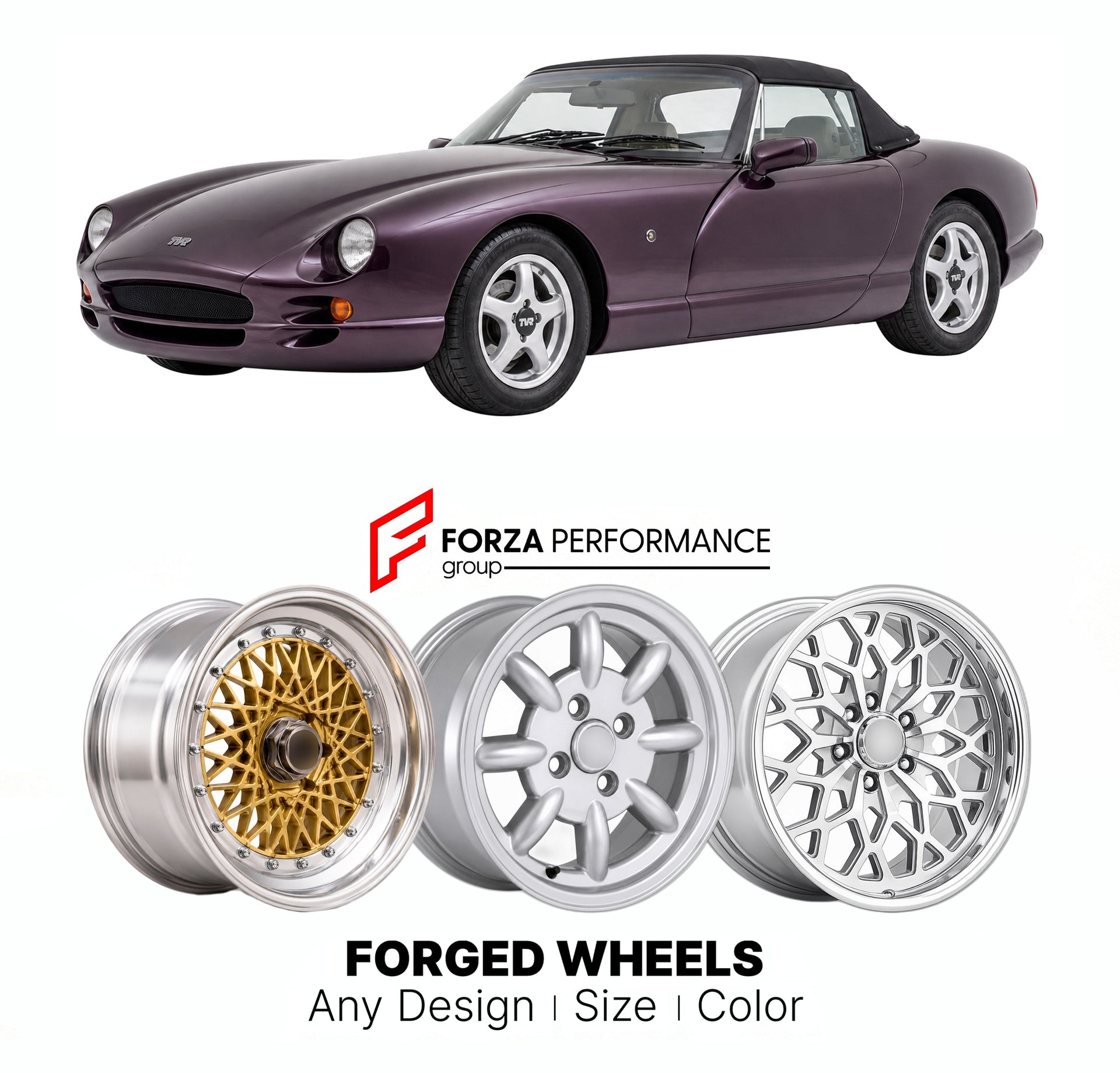 CUSTOM CLASSIC VINTAGE RESTOMOD RETRO OLD SCHOOL FORGED WHEELS RIMS for TVR CHIMA 1992 - 2003

Custom forged wheels for TVR Chima 1992 - 2003. Classic, vintage, restomod wheel designs made to order in custom sizes, offsets, colors and finishes.

We manufacture premium quality forged wheels rims for TVR Chima 1992 - 2003 in any design, size, color.

THIS WHEEL DESIGN CAN BE CUSTOM-MADE FOR YOUR CAR IN ANY SIZE AND COLOR OPTIONS
Available in monoblock, 2-piece, 3-piece, duoblock, beadlock
3D wheel renderings 