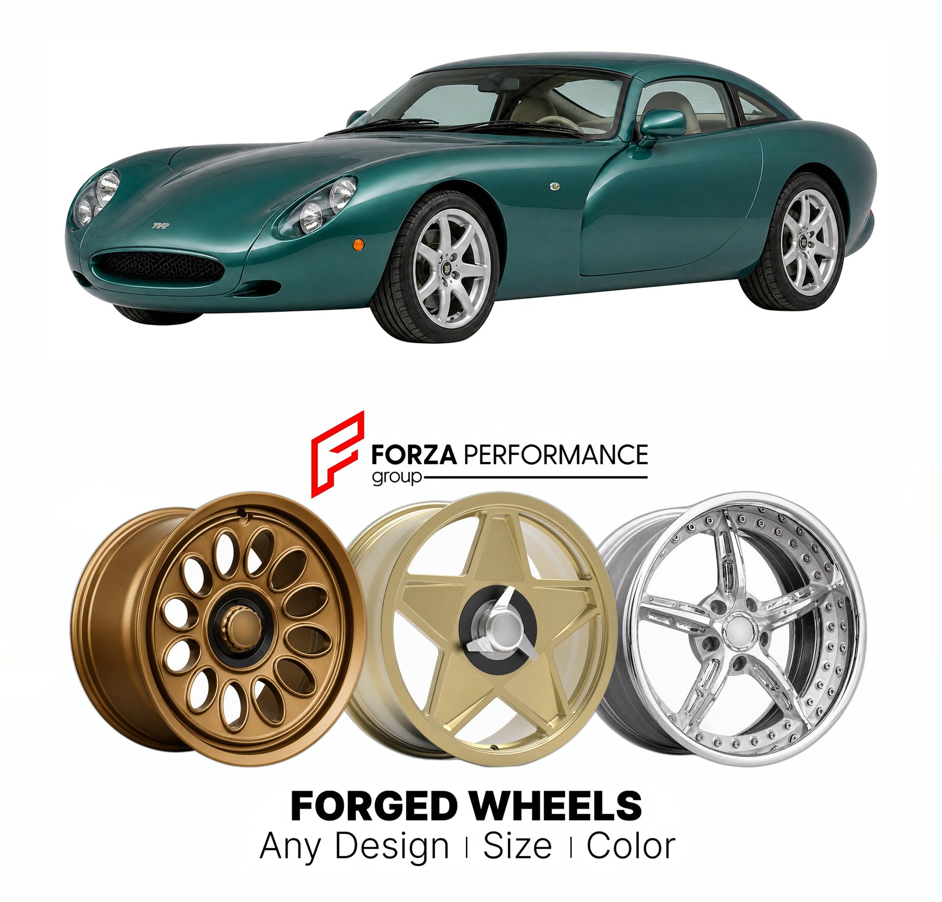 CUSTOM CLASSIC VINTAGE RESTOMOD RETRO OLD SCHOOL FORGED WHEELS RIMS for TVR TUSCAN SPEED SIX 1999 - 2006

Custom forged wheels for TVR Tuscan Speed Six 1999 - 2006. Classic, vintage, restomod wheel designs made to order in custom sizes, offsets, colors and finishes.

We manufacture premium quality forged wheels rims for TVR Tuscan Speed Six 1999 - 2006 in any design, size, color.

THIS WHEEL DESIGN CAN BE CUSTOM-MADE FOR YOUR CAR IN ANY SIZE AND COLOR OPTIONS
Available in monoblock, 2-piece, 3-piece, duoblo