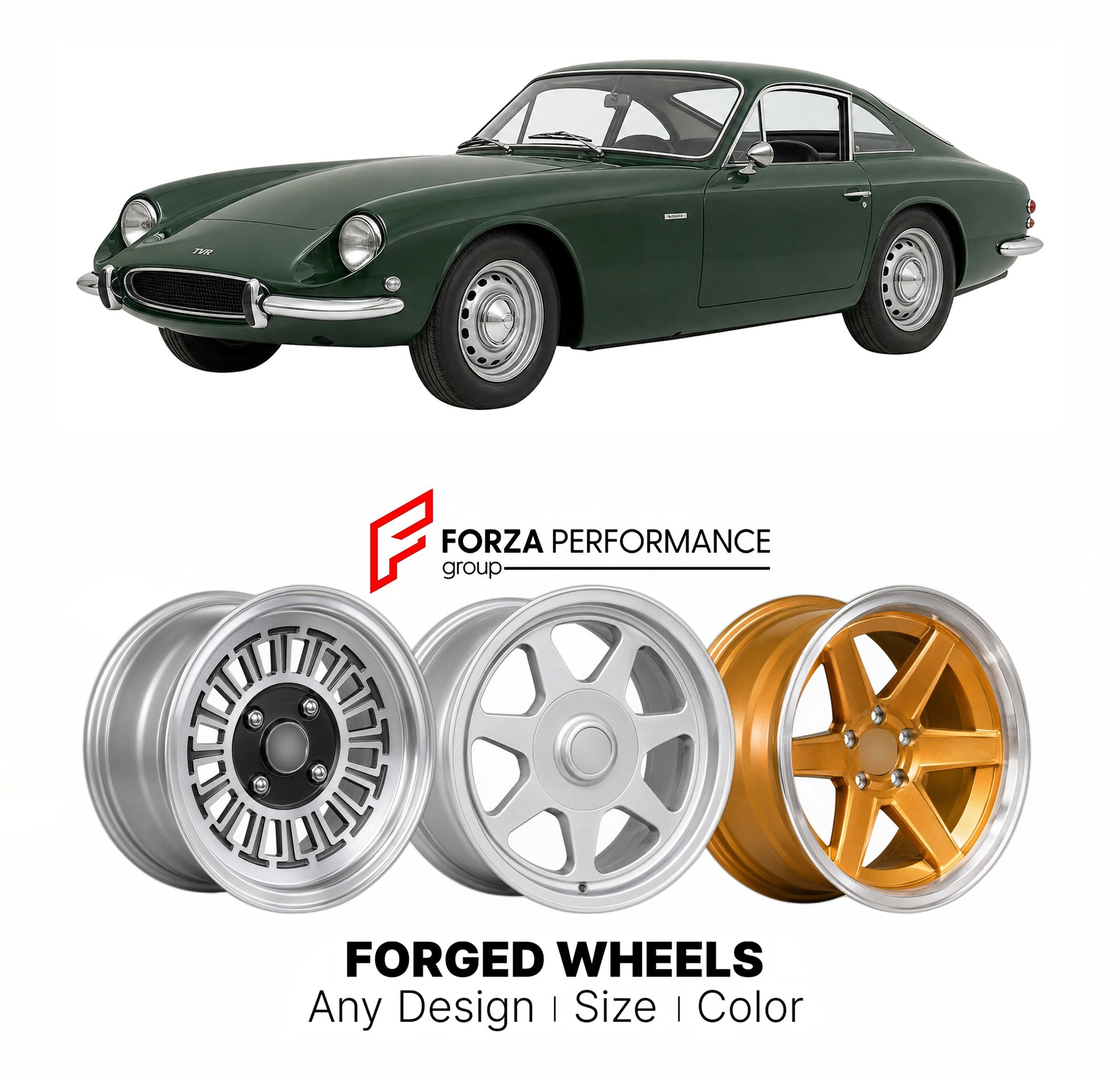 CUSTOM CLASSIC VINTAGE RESTOMOD RETRO OLD SCHOOL FORGED WHEELS RIMS for TVR TUSCAN V6 V8 1967 - 1971

Custom forged wheels for TVR Tuscan V6 V8 1967 - 1971. Classic, vintage, restomod wheel designs made to order in custom sizes, offsets, colors and finishes.

We manufacture premium quality forged wheels rims for TVR Tuscan V6 V8 1967 - 1971 in any design, size, color.

THIS WHEEL DESIGN CAN BE CUSTOM-MADE FOR YOUR CAR IN ANY SIZE AND COLOR OPTIONS
Available in monoblock, 2-piece, 3-piece, duoblock, beadlock