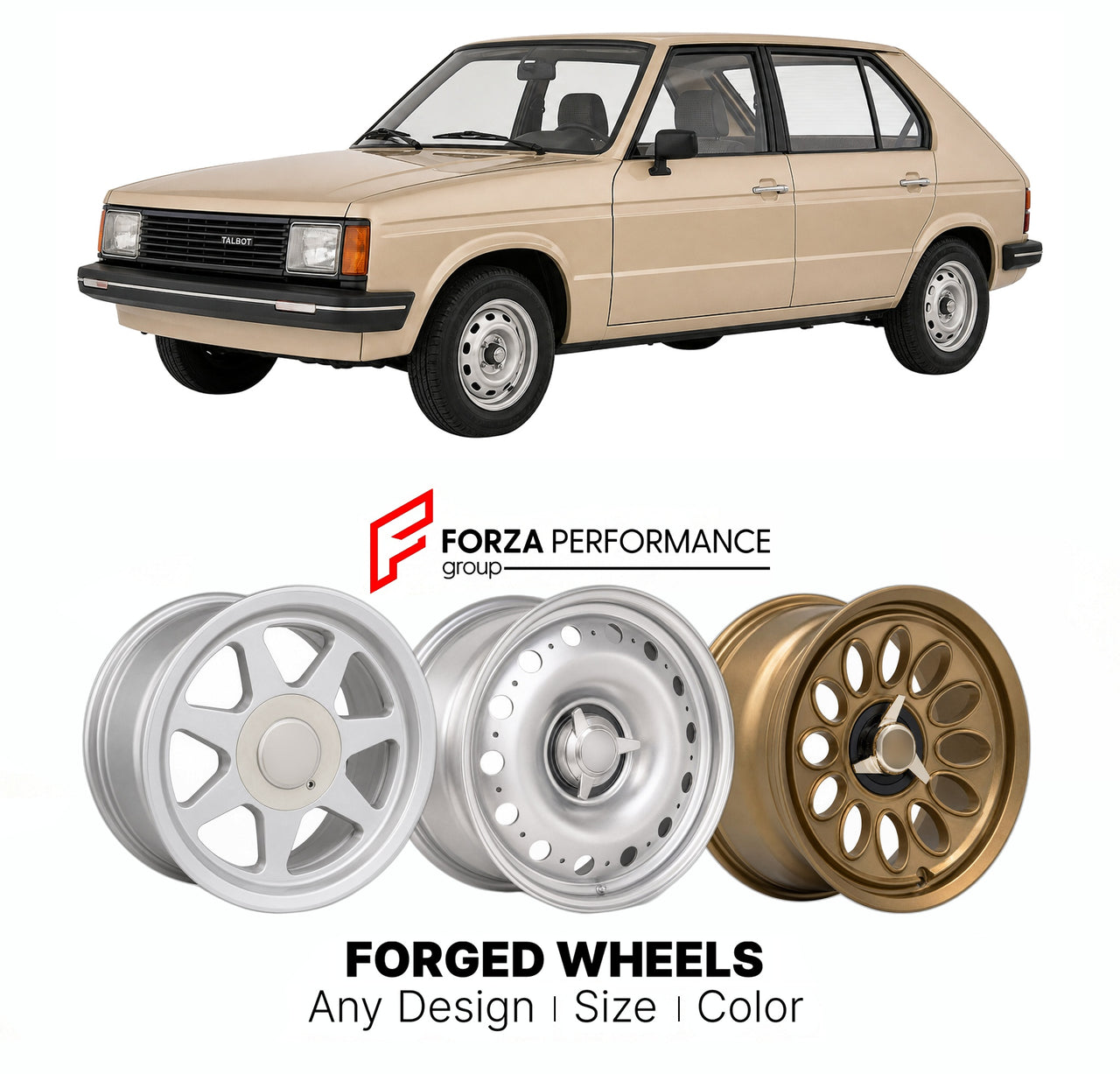 CUSTOM CLASSIC VINTAGE RESTOMOD RETRO OLD SCHOOL FORGED WHEELS RIMS for TALBOT HORIZON 1979 - 1987

Custom forged wheels for Talbot Horizon 1979 - 1987. Classic, vintage, restomod wheel designs made to order in custom sizes, offsets, colors and finishes.

We manufacture premium quality forged wheels rims for Talbot Horizon 1979 - 1987 in any design, size, color.

THIS WHEEL DESIGN CAN BE CUSTOM-MADE FOR YOUR CAR IN ANY SIZE AND COLOR OPTIONS
Available in monoblock, 2-piece, 3-piece, duoblock, beadlock
3D wh