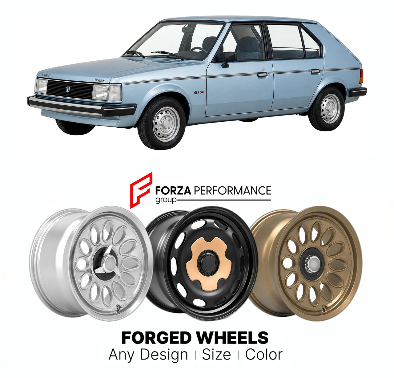 CUSTOM CLASSIC VINTAGE RESTOMOD RETRO OLD SCHOOL FORGED WHEELS RIMS for TALBOT HORIZON GLS SX 1978 - 1987

Custom forged wheels for Talbot Horizon GLS SX 1978 - 1987. Classic, vintage, restomod wheel designs made to order in custom sizes, offsets, colors and finishes.

We manufacture premium quality forged wheels rims for Talbot Horizon GLS SX 1978 - 1987 in any design, size, color.

THIS WHEEL DESIGN CAN BE CUSTOM-MADE FOR YOUR CAR IN ANY SIZE AND COLOR OPTIONS
Available in monoblock, 2-piece, 3-piece, duo